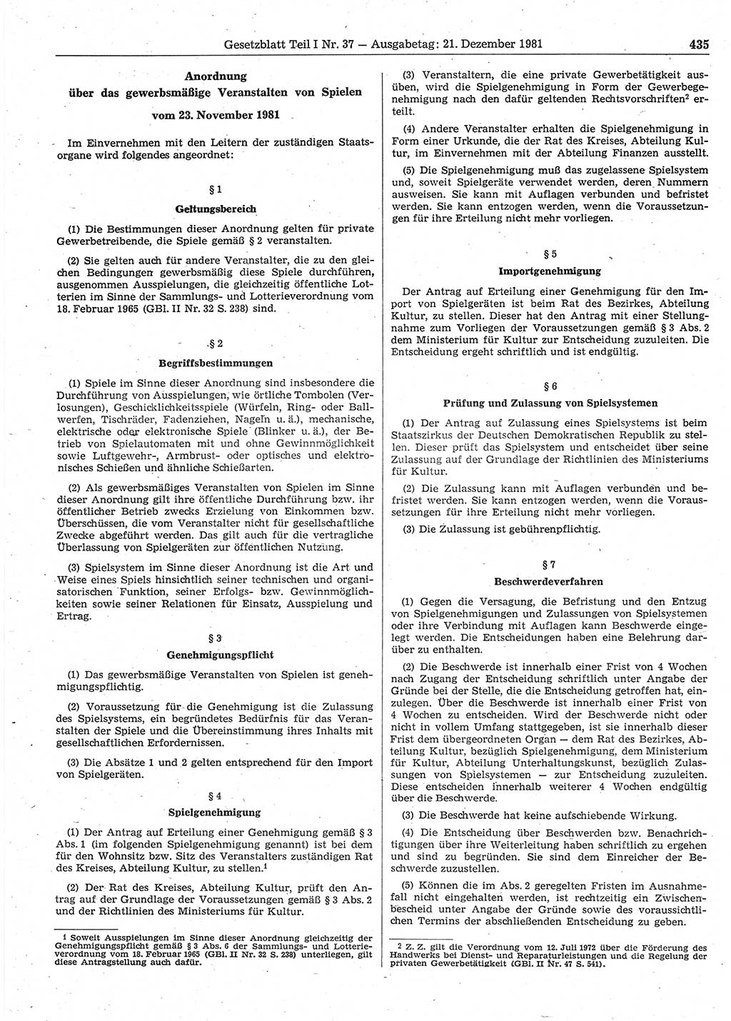 Gesetzblatt (GBl.) der Deutschen Demokratischen Republik (DDR) Teil Ⅰ 1981, Seite 435 (GBl. DDR Ⅰ 1981, S. 435)