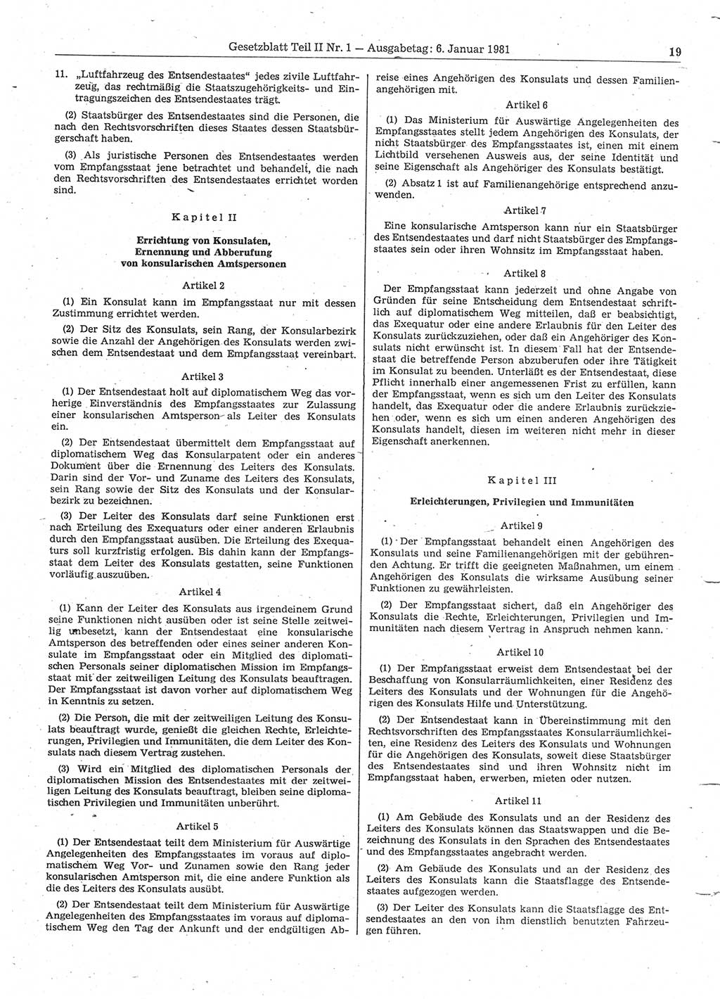 Gesetzblatt (GBl.) der Deutschen Demokratischen Republik (DDR) Teil ⅠⅠ 1981, Seite 19 (GBl. DDR ⅠⅠ 1981, S. 19)
