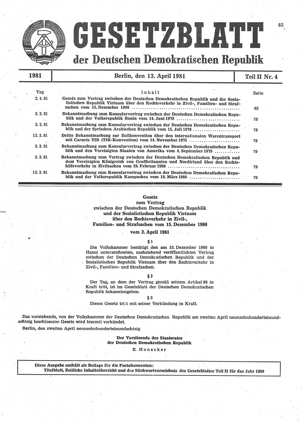 Gesetzblatt (GBl.) der Deutschen Demokratischen Republik (DDR) Teil ⅠⅠ 1981, Seite 65 (GBl. DDR ⅠⅠ 1981, S. 65)