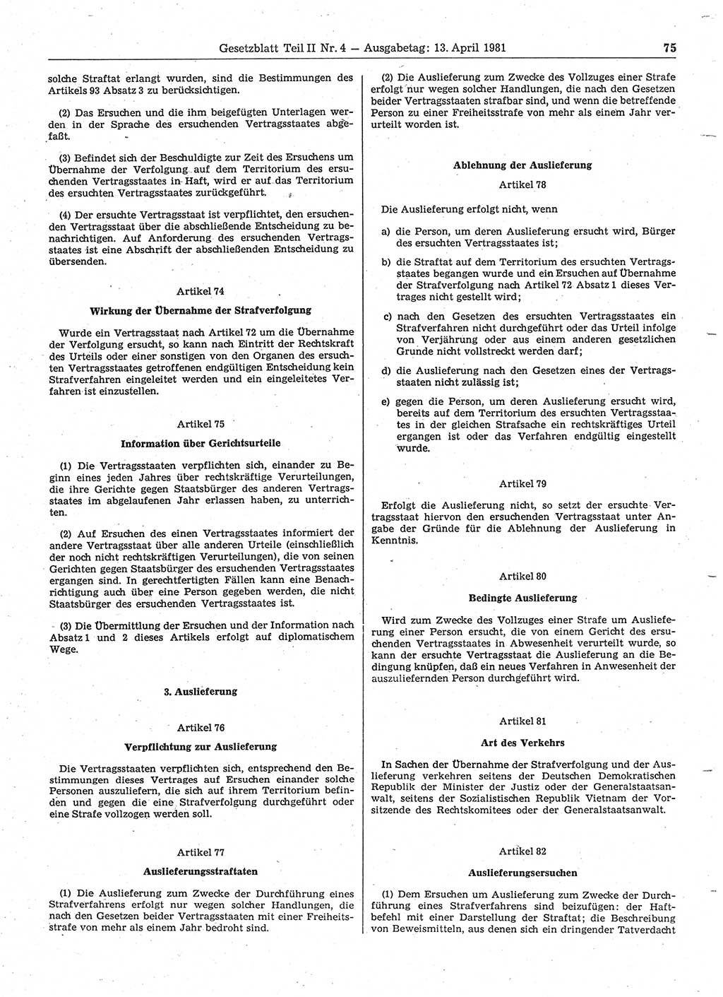 Gesetzblatt (GBl.) der Deutschen Demokratischen Republik (DDR) Teil ⅠⅠ 1981, Seite 75 (GBl. DDR ⅠⅠ 1981, S. 75)