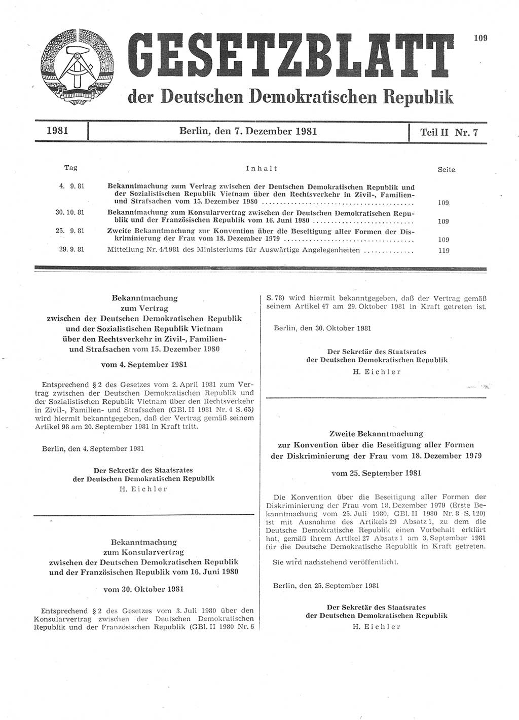 Gesetzblatt (GBl.) der Deutschen Demokratischen Republik (DDR) Teil ⅠⅠ 1981, Seite 109 (GBl. DDR ⅠⅠ 1981, S. 109)