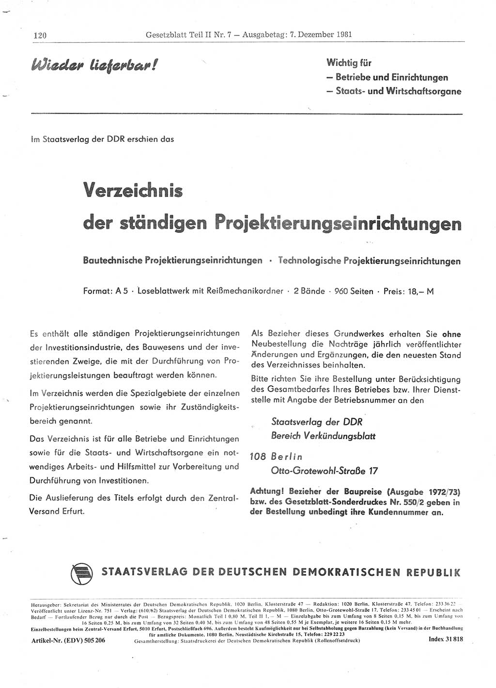 Gesetzblatt (GBl.) der Deutschen Demokratischen Republik (DDR) Teil ⅠⅠ 1981, Seite 120 (GBl. DDR ⅠⅠ 1981, S. 120)
