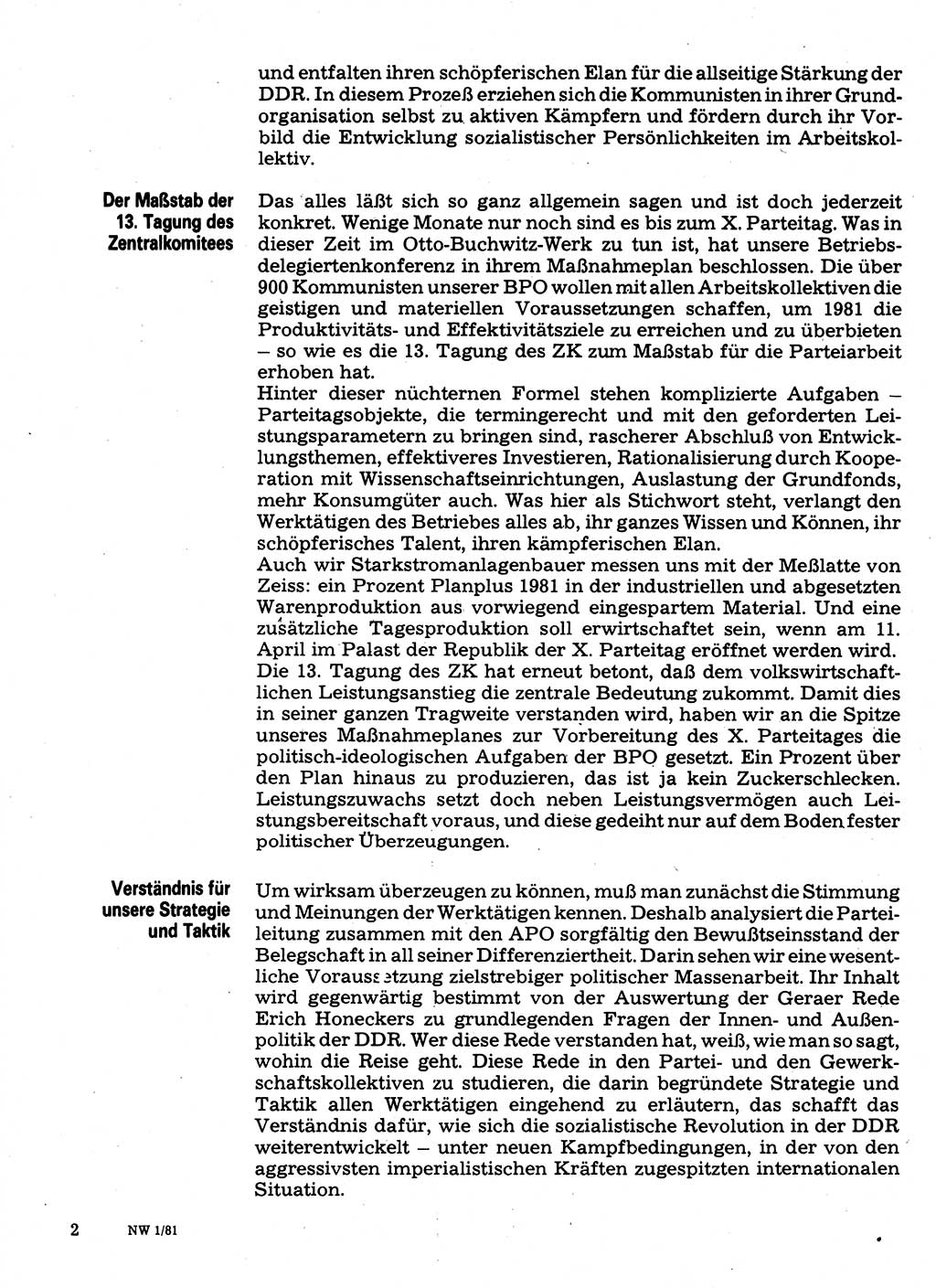 Neuer Weg (NW), Organ des Zentralkomitees (ZK) der SED (Sozialistische Einheitspartei Deutschlands) für Fragen des Parteilebens, 36. Jahrgang [Deutsche Demokratische Republik (DDR)] 1981, Seite 2 (NW ZK SED DDR 1981, S. 2)