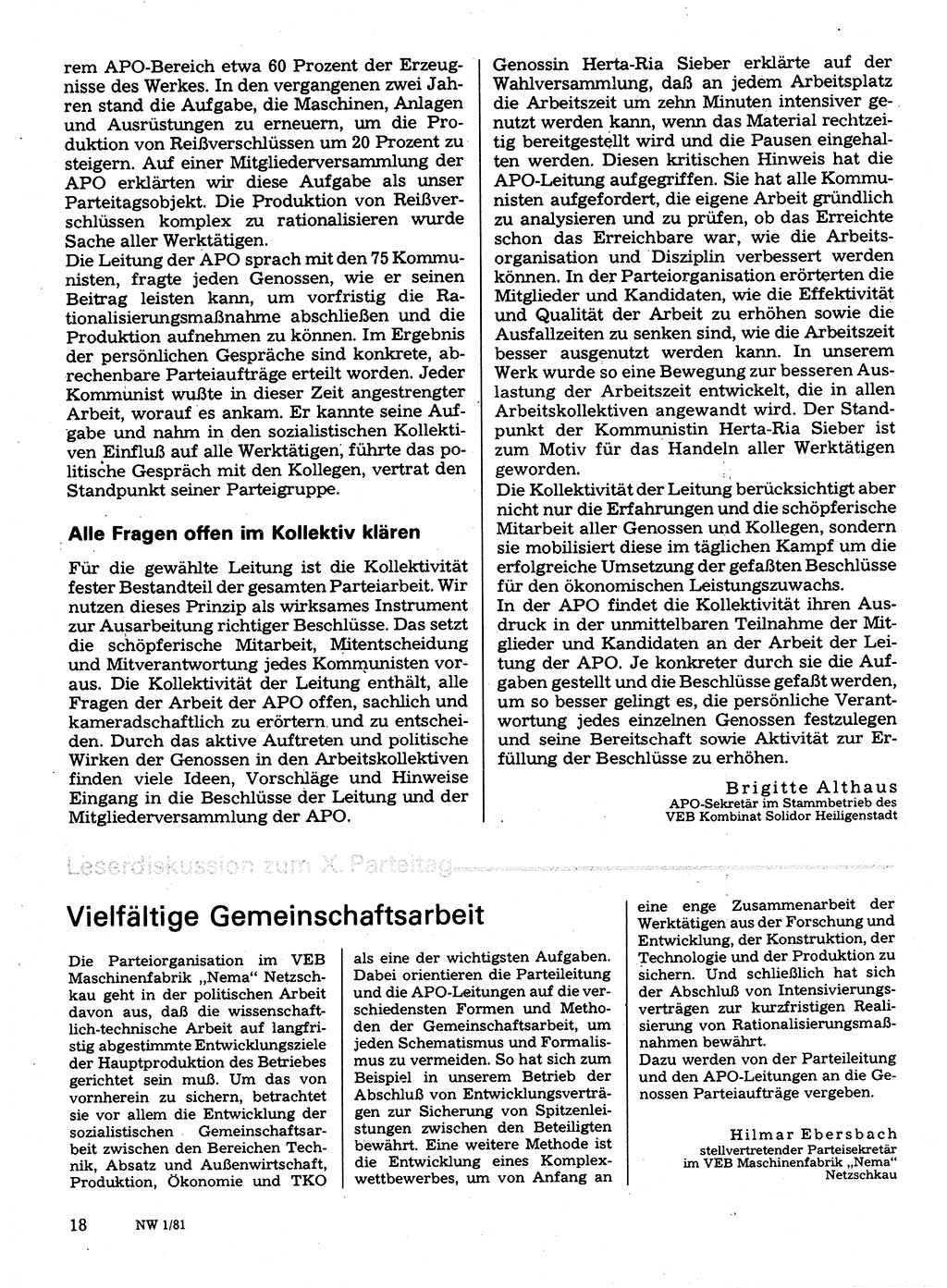 Neuer Weg (NW), Organ des Zentralkomitees (ZK) der SED (Sozialistische Einheitspartei Deutschlands) für Fragen des Parteilebens, 36. Jahrgang [Deutsche Demokratische Republik (DDR)] 1981, Seite 18 (NW ZK SED DDR 1981, S. 18)