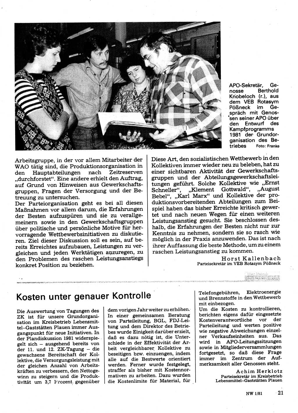 Neuer Weg (NW), Organ des Zentralkomitees (ZK) der SED (Sozialistische Einheitspartei Deutschlands) für Fragen des Parteilebens, 36. Jahrgang [Deutsche Demokratische Republik (DDR)] 1981, Seite 21 (NW ZK SED DDR 1981, S. 21)