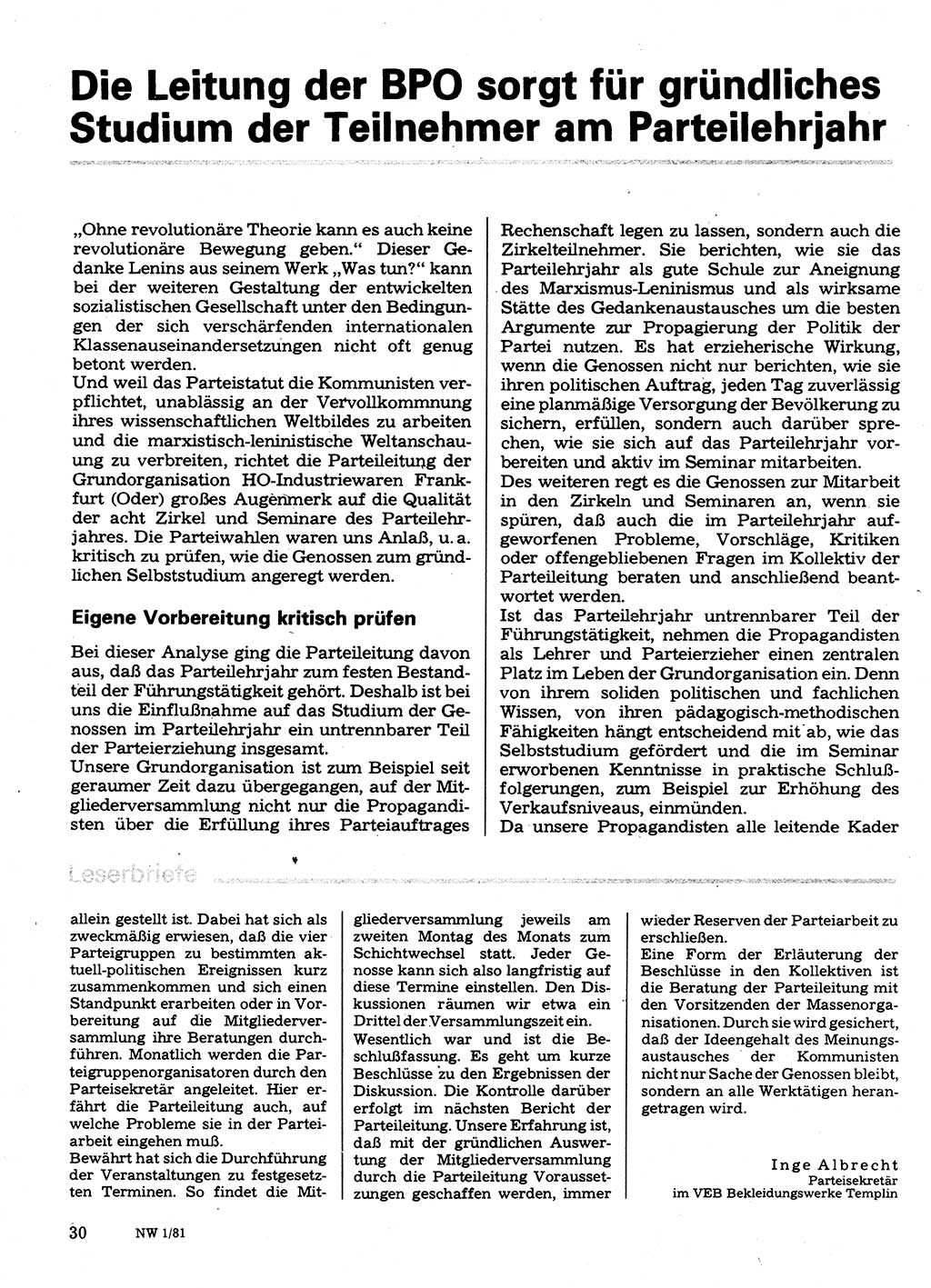 Neuer Weg (NW), Organ des Zentralkomitees (ZK) der SED (Sozialistische Einheitspartei Deutschlands) für Fragen des Parteilebens, 36. Jahrgang [Deutsche Demokratische Republik (DDR)] 1981, Seite 30 (NW ZK SED DDR 1981, S. 30)