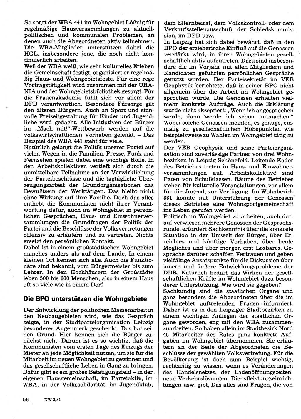 Neuer Weg (NW), Organ des Zentralkomitees (ZK) der SED (Sozialistische Einheitspartei Deutschlands) für Fragen des Parteilebens, 36. Jahrgang [Deutsche Demokratische Republik (DDR)] 1981, Seite 56 (NW ZK SED DDR 1981, S. 56)