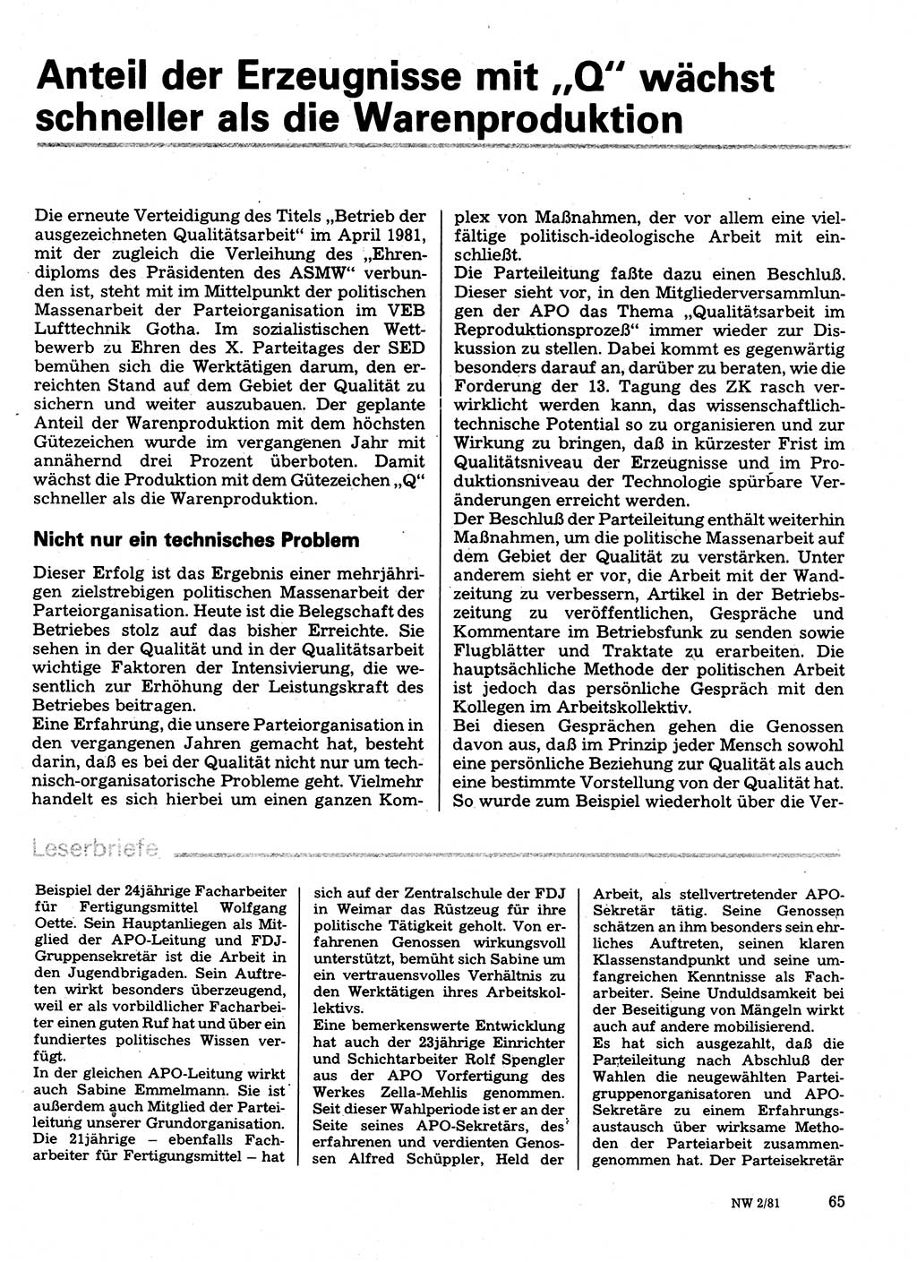 Neuer Weg (NW), Organ des Zentralkomitees (ZK) der SED (Sozialistische Einheitspartei Deutschlands) für Fragen des Parteilebens, 36. Jahrgang [Deutsche Demokratische Republik (DDR)] 1981, Seite 65 (NW ZK SED DDR 1981, S. 65)