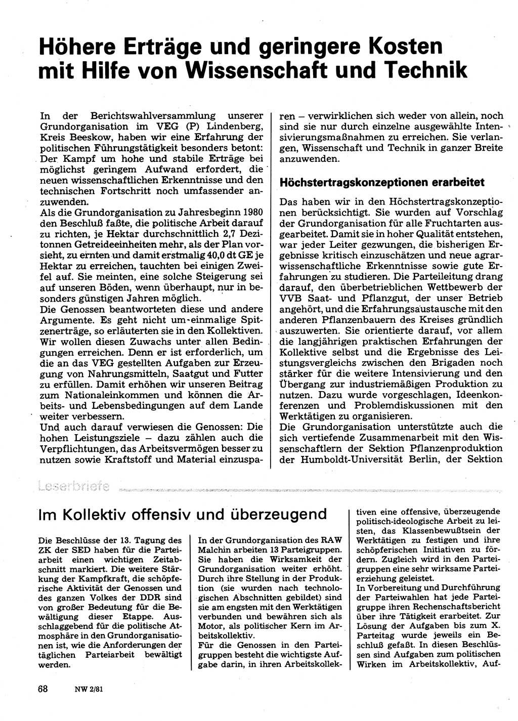 Neuer Weg (NW), Organ des Zentralkomitees (ZK) der SED (Sozialistische Einheitspartei Deutschlands) für Fragen des Parteilebens, 36. Jahrgang [Deutsche Demokratische Republik (DDR)] 1981, Seite 68 (NW ZK SED DDR 1981, S. 68)