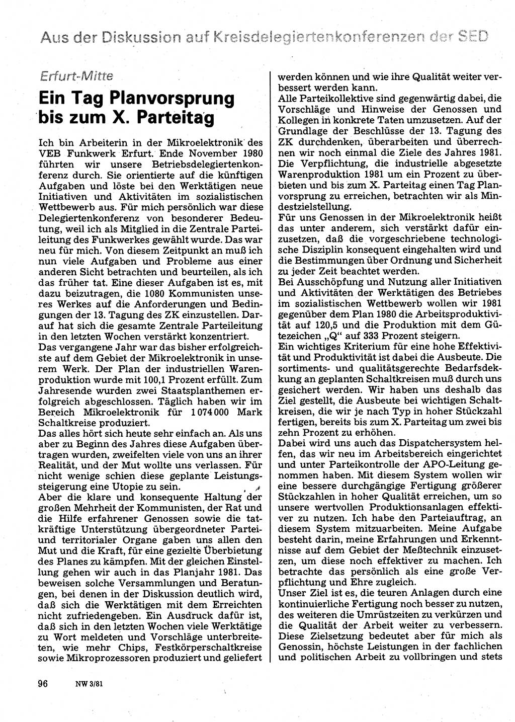 Neuer Weg (NW), Organ des Zentralkomitees (ZK) der SED (Sozialistische Einheitspartei Deutschlands) für Fragen des Parteilebens, 36. Jahrgang [Deutsche Demokratische Republik (DDR)] 1981, Seite 96 (NW ZK SED DDR 1981, S. 96)