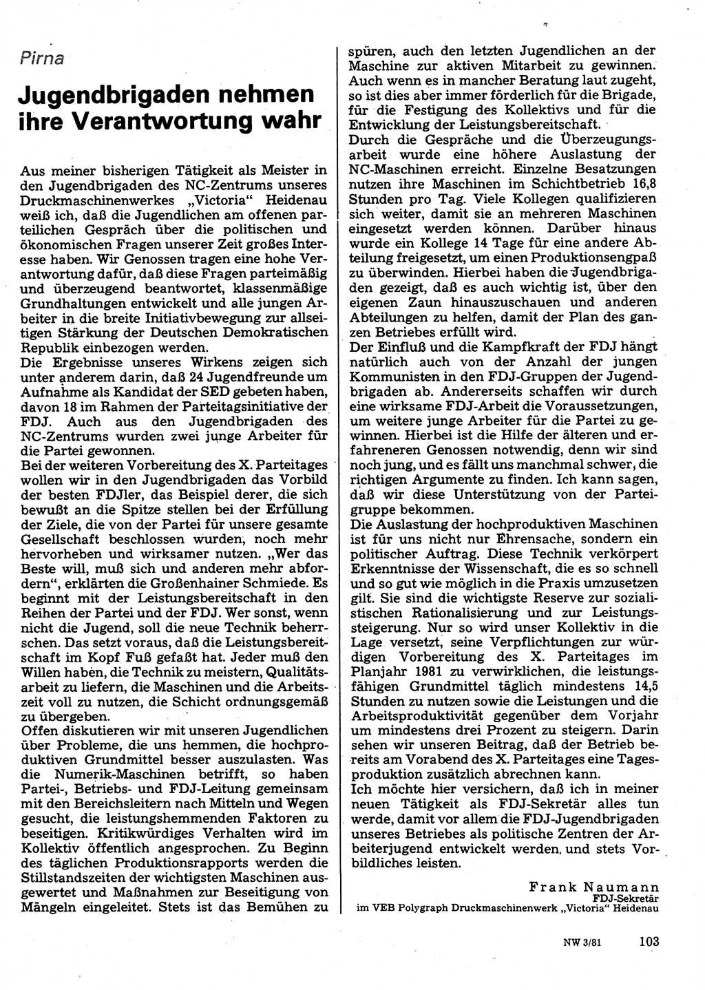 Neuer Weg (NW), Organ des Zentralkomitees (ZK) der SED (Sozialistische Einheitspartei Deutschlands) für Fragen des Parteilebens, 36. Jahrgang [Deutsche Demokratische Republik (DDR)] 1981, Seite 103 (NW ZK SED DDR 1981, S. 103)