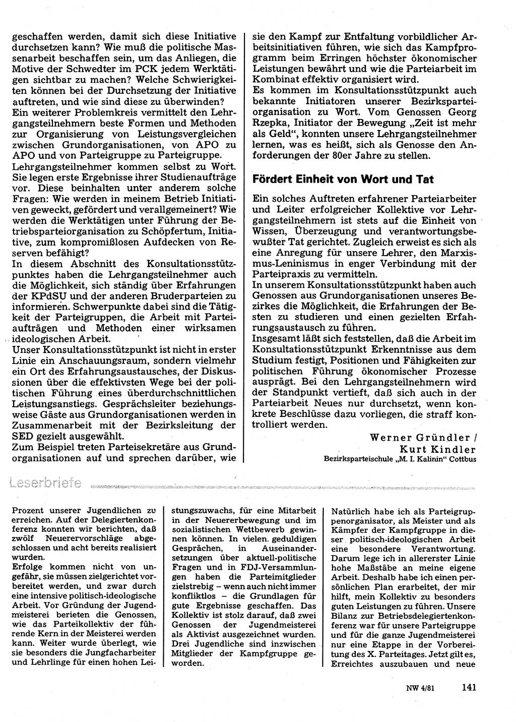 Neuer Weg (NW), Organ des Zentralkomitees (ZK) der SED (Sozialistische Einheitspartei Deutschlands) für Fragen des Parteilebens, 36. Jahrgang [Deutsche Demokratische Republik (DDR)] 1981, Seite 141 (NW ZK SED DDR 1981, S. 141)