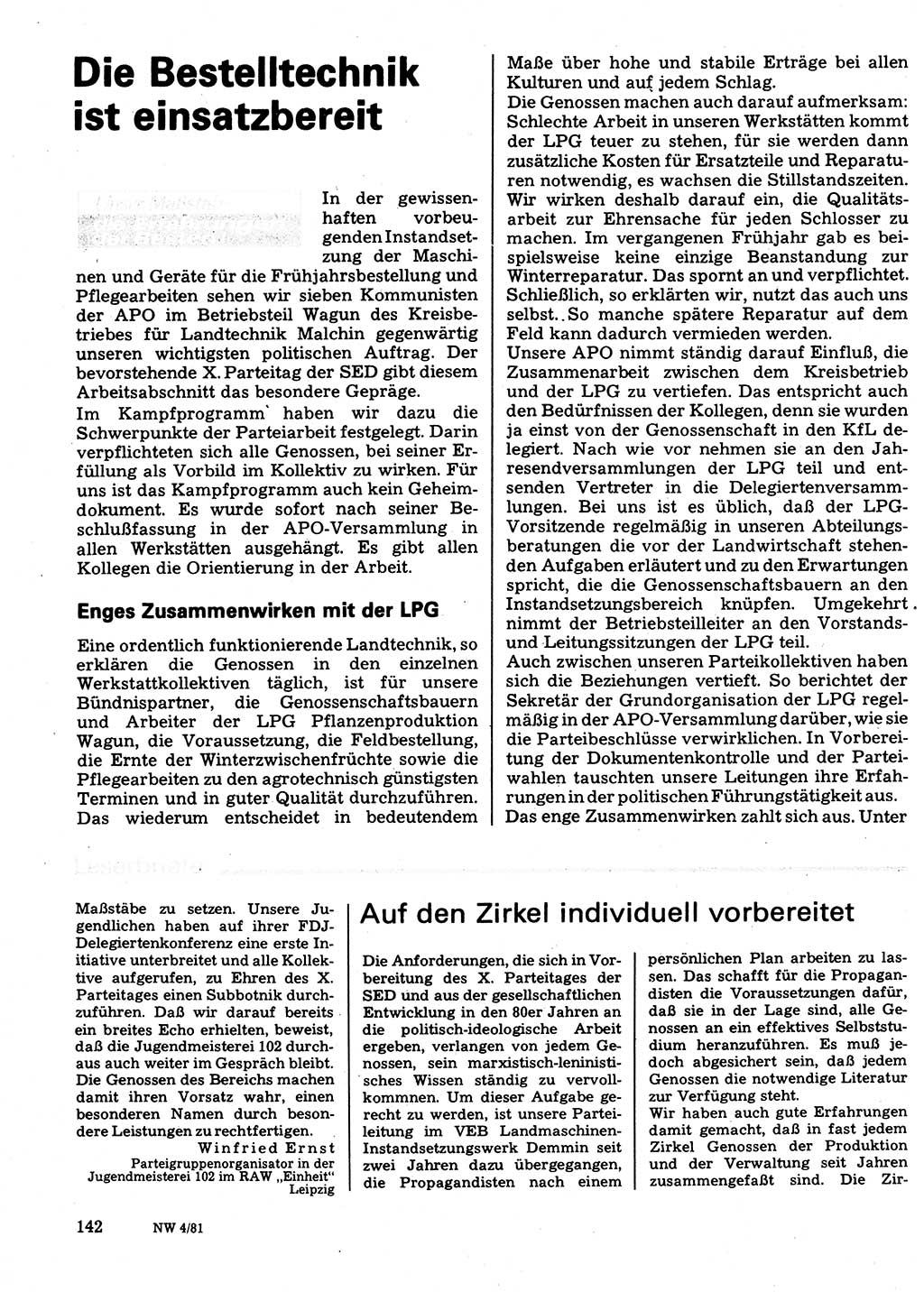 Neuer Weg (NW), Organ des Zentralkomitees (ZK) der SED (Sozialistische Einheitspartei Deutschlands) für Fragen des Parteilebens, 36. Jahrgang [Deutsche Demokratische Republik (DDR)] 1981, Seite 142 (NW ZK SED DDR 1981, S. 142)