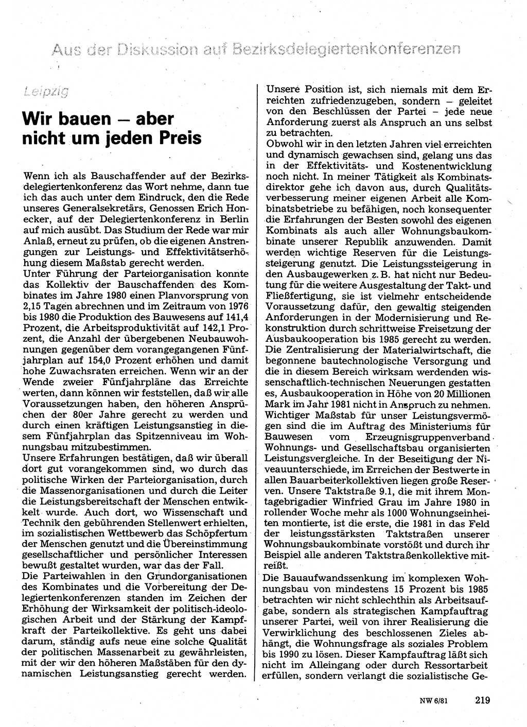 Neuer Weg (NW), Organ des Zentralkomitees (ZK) der SED (Sozialistische Einheitspartei Deutschlands) für Fragen des Parteilebens, 36. Jahrgang [Deutsche Demokratische Republik (DDR)] 1981, Seite 219 (NW ZK SED DDR 1981, S. 219)