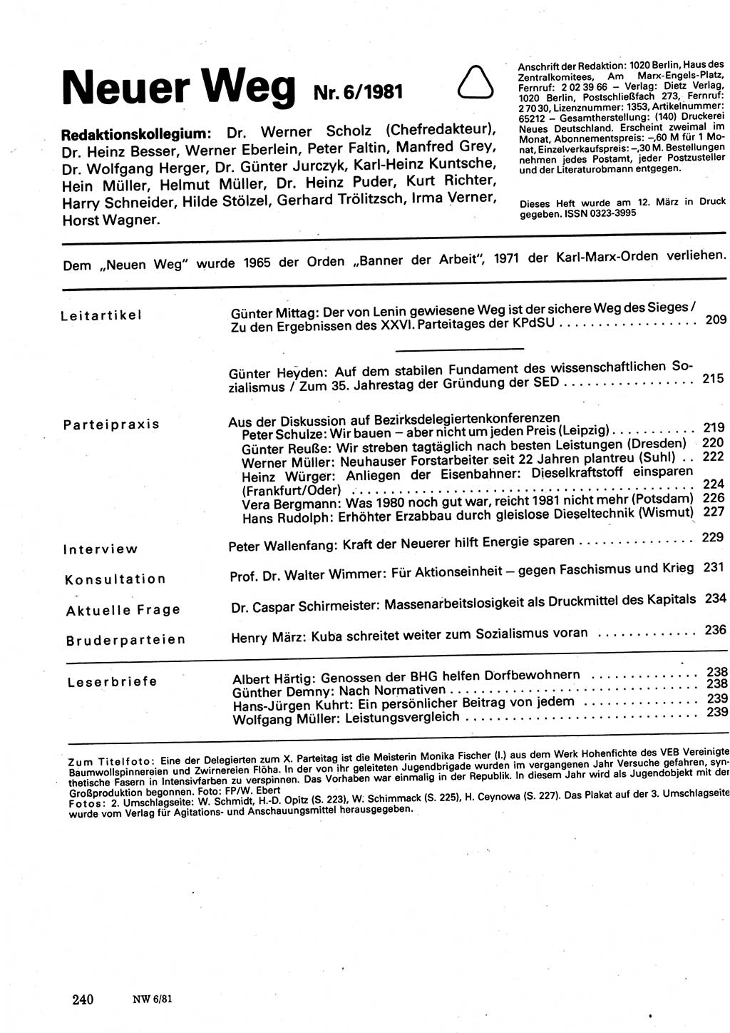Neuer Weg (NW), Organ des Zentralkomitees (ZK) der SED (Sozialistische Einheitspartei Deutschlands) für Fragen des Parteilebens, 36. Jahrgang [Deutsche Demokratische Republik (DDR)] 1981, Seite 240 (NW ZK SED DDR 1981, S. 240)