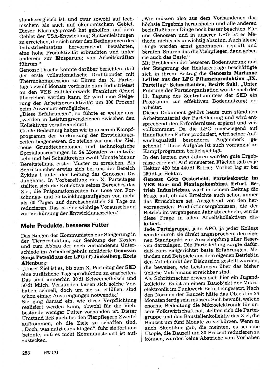 Neuer Weg (NW), Organ des Zentralkomitees (ZK) der SED (Sozialistische Einheitspartei Deutschlands) für Fragen des Parteilebens, 36. Jahrgang [Deutsche Demokratische Republik (DDR)] 1981, Seite 258 (NW ZK SED DDR 1981, S. 258)