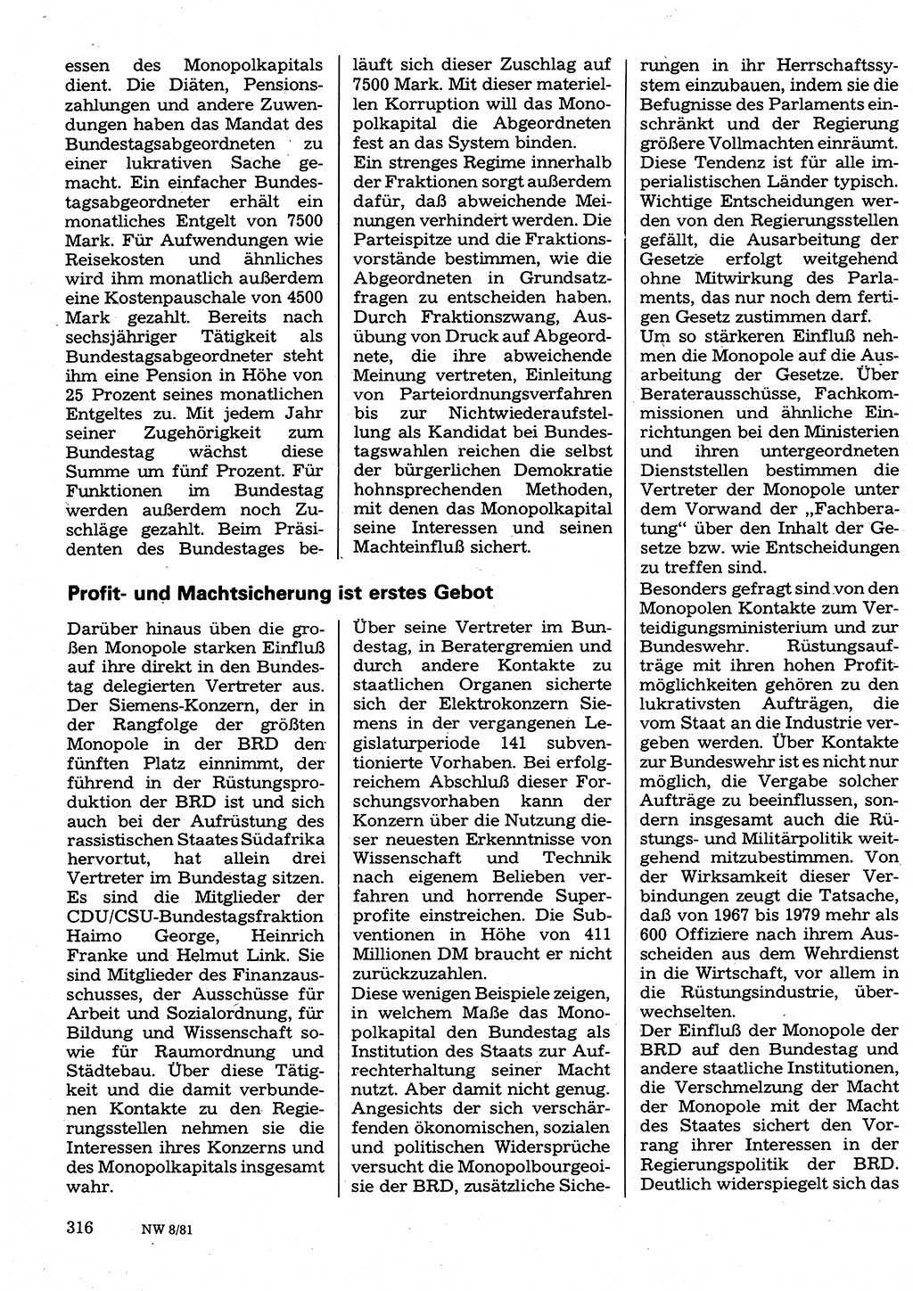 Neuer Weg (NW), Organ des Zentralkomitees (ZK) der SED (Sozialistische Einheitspartei Deutschlands) für Fragen des Parteilebens, 36. Jahrgang [Deutsche Demokratische Republik (DDR)] 1981, Seite 316 (NW ZK SED DDR 1981, S. 316)