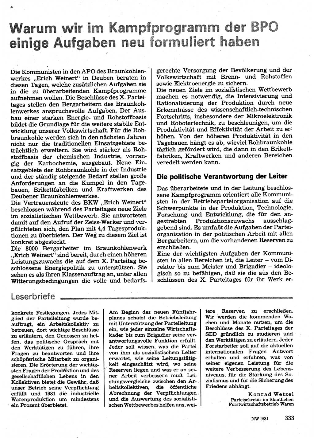 Neuer Weg (NW), Organ des Zentralkomitees (ZK) der SED (Sozialistische Einheitspartei Deutschlands) für Fragen des Parteilebens, 36. Jahrgang [Deutsche Demokratische Republik (DDR)] 1981, Seite 333 (NW ZK SED DDR 1981, S. 333)