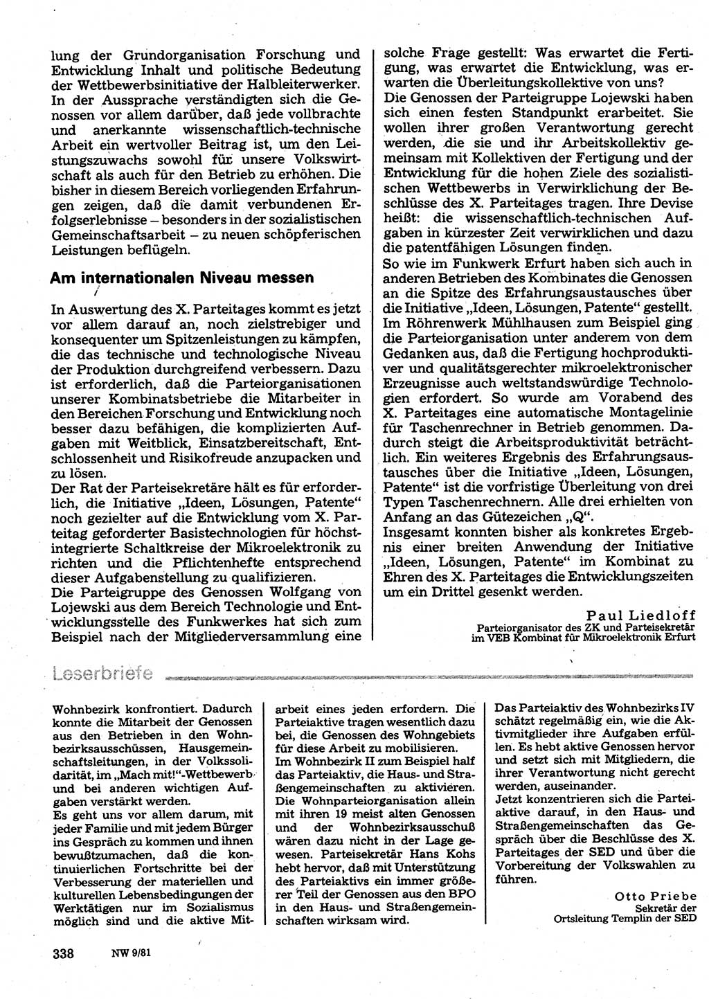 Neuer Weg (NW), Organ des Zentralkomitees (ZK) der SED (Sozialistische Einheitspartei Deutschlands) für Fragen des Parteilebens, 36. Jahrgang [Deutsche Demokratische Republik (DDR)] 1981, Seite 338 (NW ZK SED DDR 1981, S. 338)