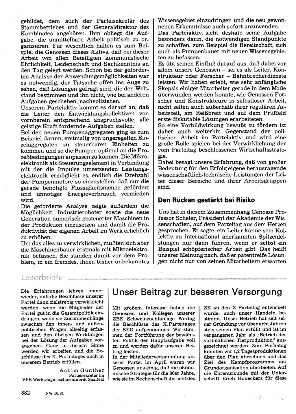 Neuer Weg (NW), Organ des Zentralkomitees (ZK) der SED (Sozialistische Einheitspartei Deutschlands) für Fragen des Parteilebens, 36. Jahrgang [Deutsche Demokratische Republik (DDR)] 1981, Seite 382 (NW ZK SED DDR 1981, S. 382)