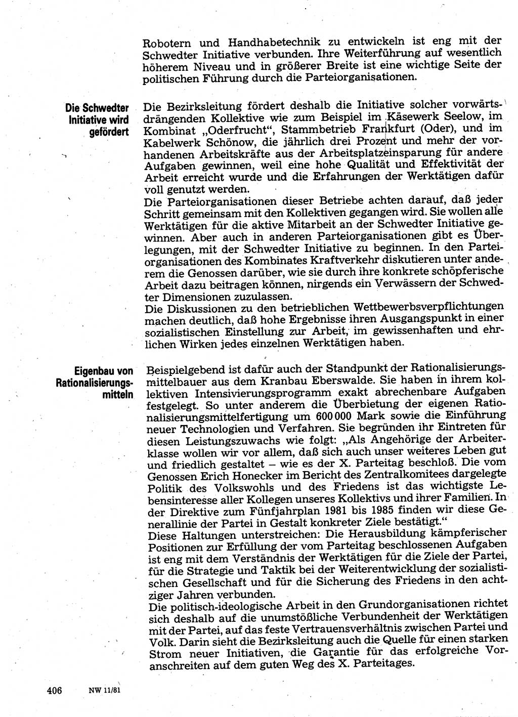Neuer Weg (NW), Organ des Zentralkomitees (ZK) der SED (Sozialistische Einheitspartei Deutschlands) für Fragen des Parteilebens, 36. Jahrgang [Deutsche Demokratische Republik (DDR)] 1981, Seite 406 (NW ZK SED DDR 1981, S. 406)