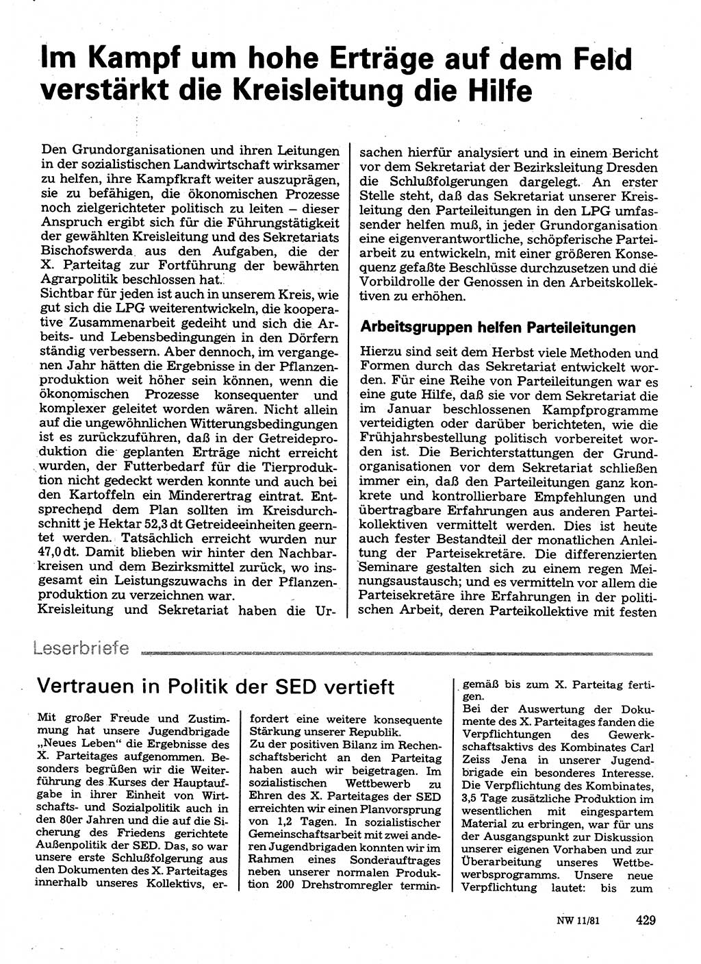 Neuer Weg (NW), Organ des Zentralkomitees (ZK) der SED (Sozialistische Einheitspartei Deutschlands) für Fragen des Parteilebens, 36. Jahrgang [Deutsche Demokratische Republik (DDR)] 1981, Seite 429 (NW ZK SED DDR 1981, S. 429)