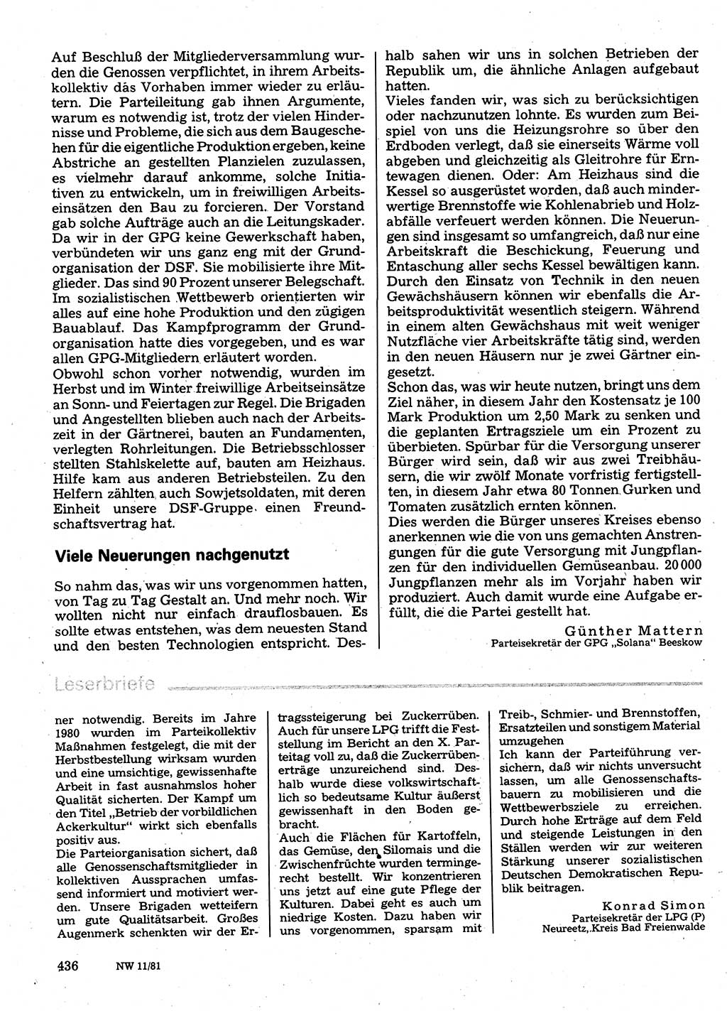 Neuer Weg (NW), Organ des Zentralkomitees (ZK) der SED (Sozialistische Einheitspartei Deutschlands) für Fragen des Parteilebens, 36. Jahrgang [Deutsche Demokratische Republik (DDR)] 1981, Seite 436 (NW ZK SED DDR 1981, S. 436)