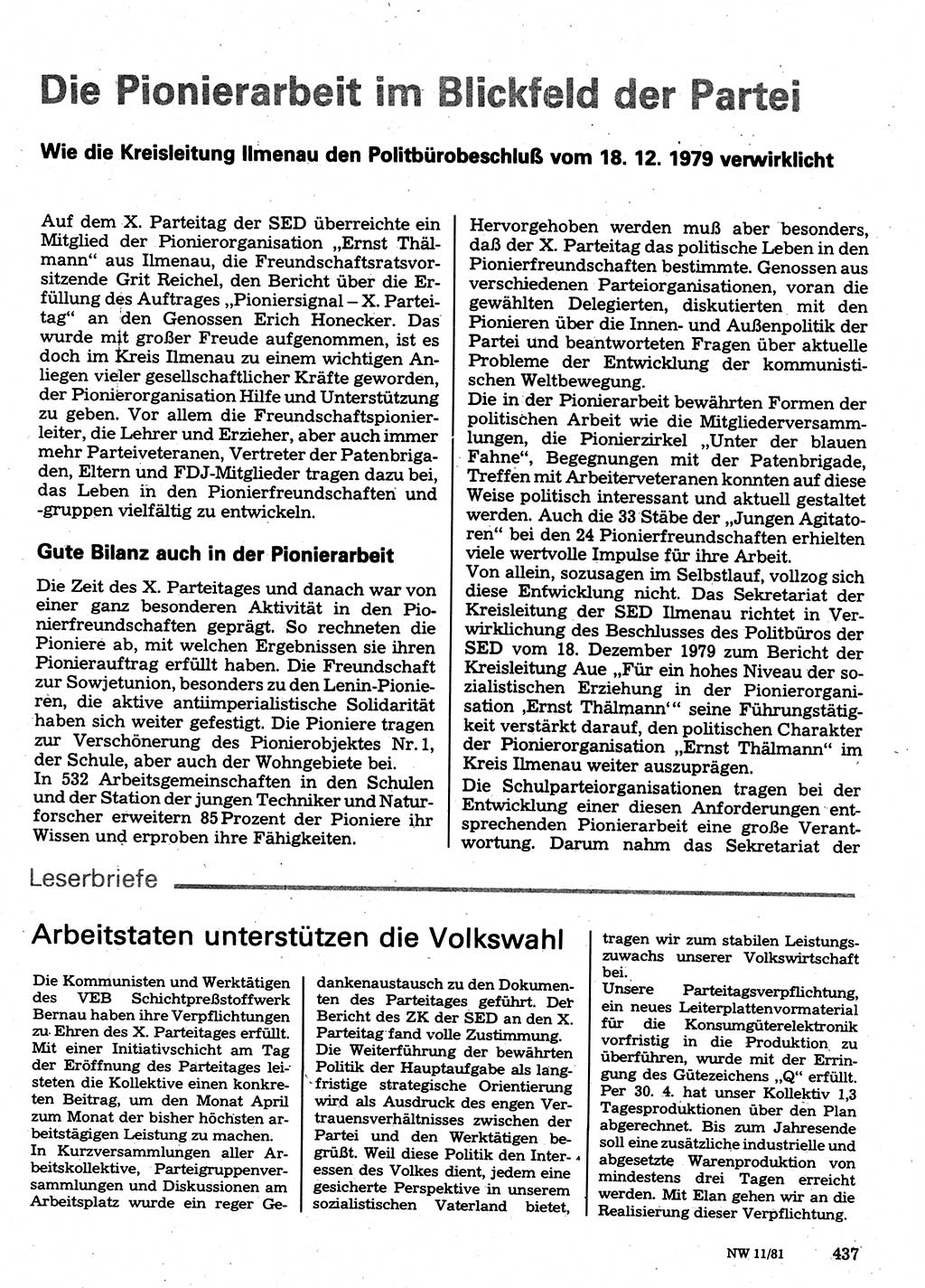 Neuer Weg (NW), Organ des Zentralkomitees (ZK) der SED (Sozialistische Einheitspartei Deutschlands) für Fragen des Parteilebens, 36. Jahrgang [Deutsche Demokratische Republik (DDR)] 1981, Seite 437 (NW ZK SED DDR 1981, S. 437)