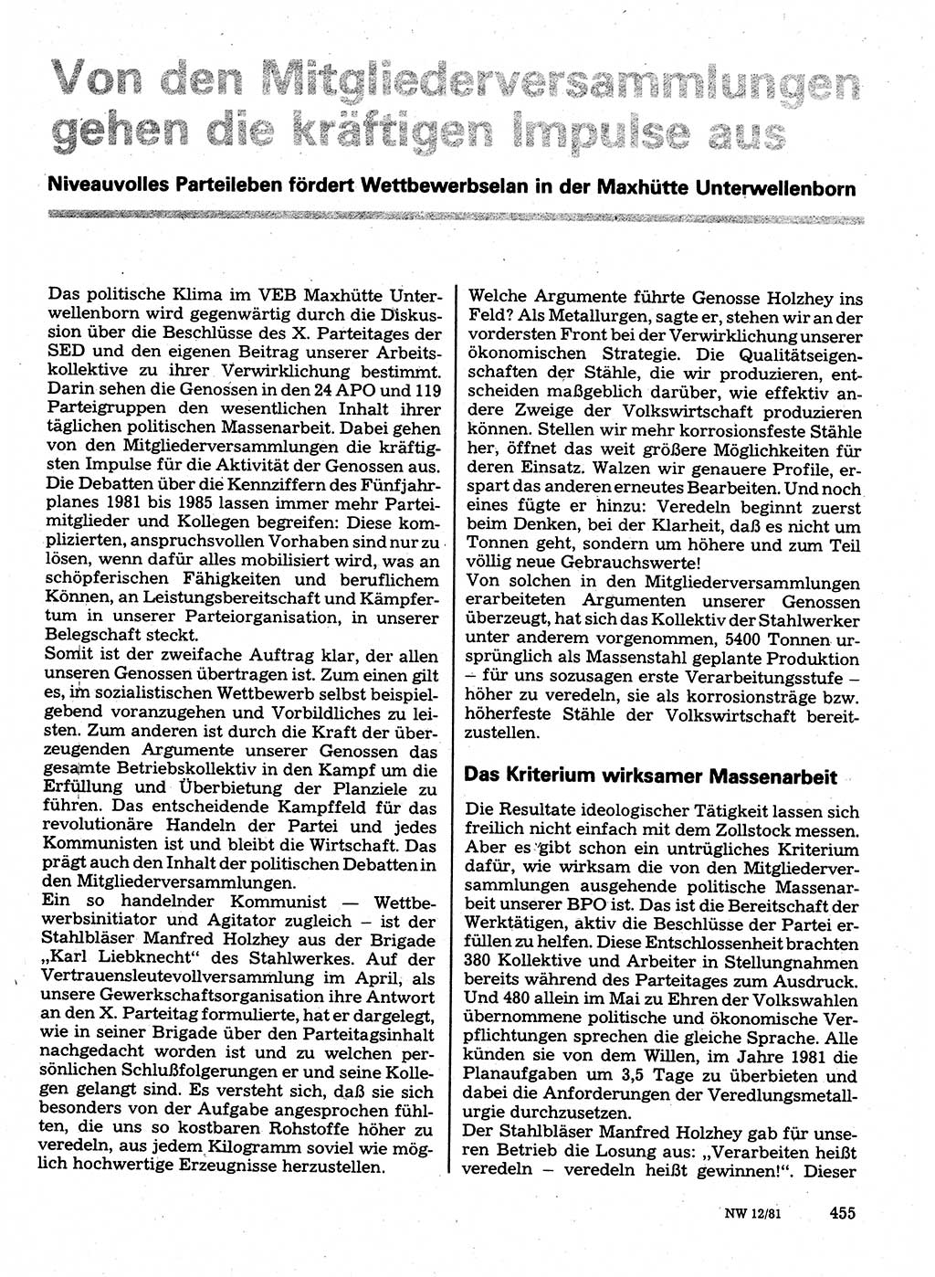 Neuer Weg (NW), Organ des Zentralkomitees (ZK) der SED (Sozialistische Einheitspartei Deutschlands) für Fragen des Parteilebens, 36. Jahrgang [Deutsche Demokratische Republik (DDR)] 1981, Seite 455 (NW ZK SED DDR 1981, S. 455)