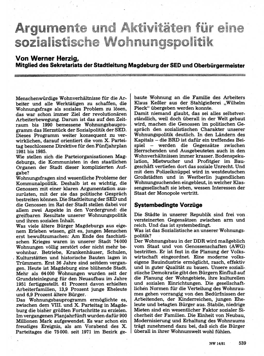 Neuer Weg (NW), Organ des Zentralkomitees (ZK) der SED (Sozialistische Einheitspartei Deutschlands) für Fragen des Parteilebens, 36. Jahrgang [Deutsche Demokratische Republik (DDR)] 1981, Seite 539 (NW ZK SED DDR 1981, S. 539)