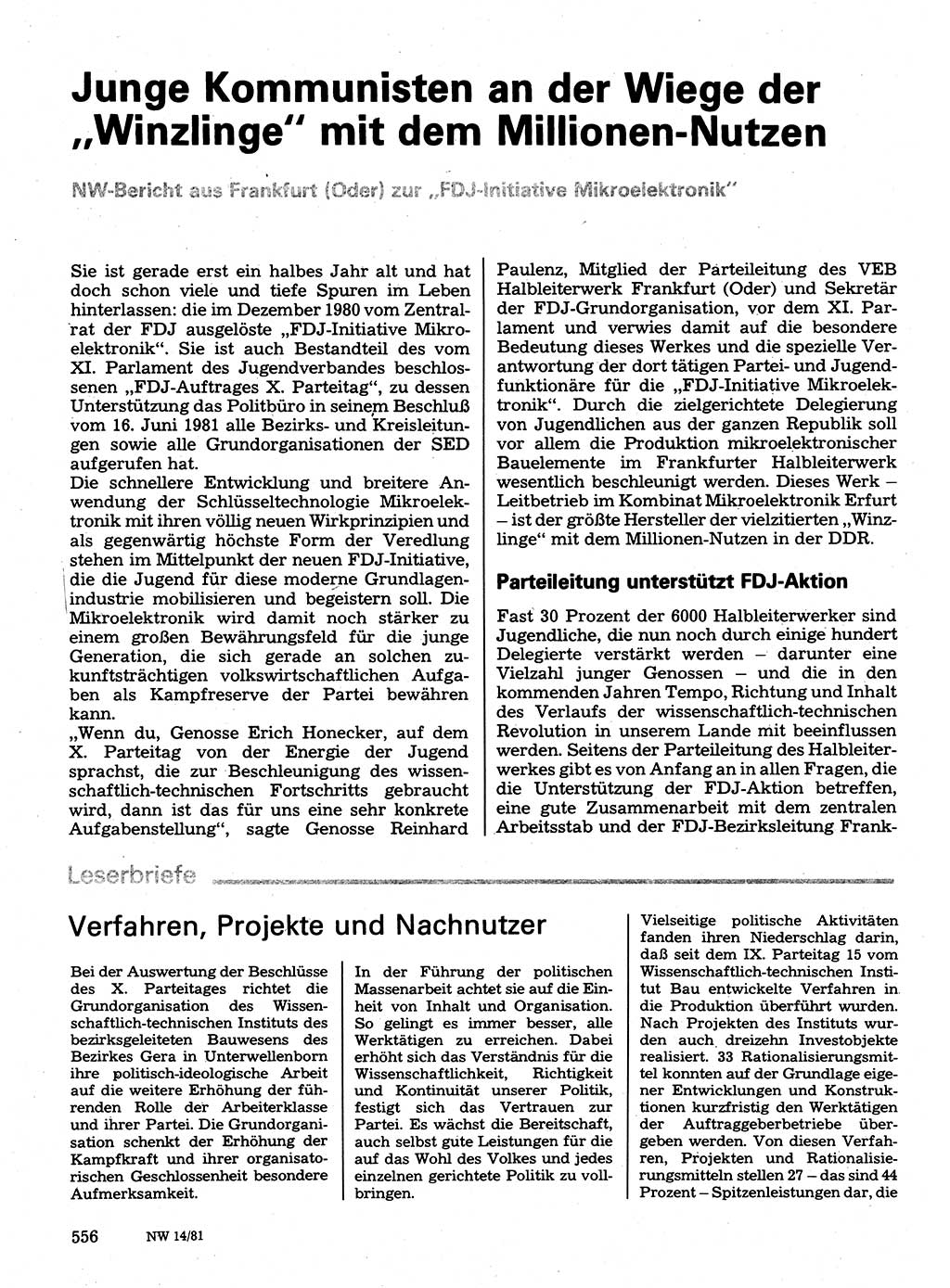 Neuer Weg (NW), Organ des Zentralkomitees (ZK) der SED (Sozialistische Einheitspartei Deutschlands) für Fragen des Parteilebens, 36. Jahrgang [Deutsche Demokratische Republik (DDR)] 1981, Seite 556 (NW ZK SED DDR 1981, S. 556)