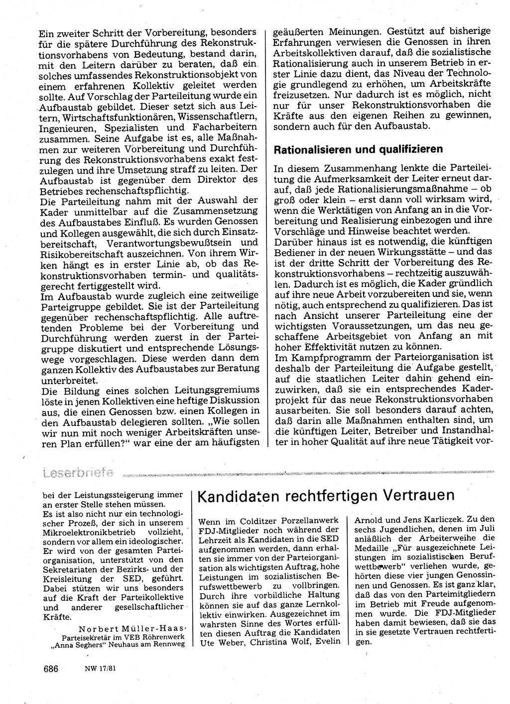 Neuer Weg (NW), Organ des Zentralkomitees (ZK) der SED (Sozialistische Einheitspartei Deutschlands) fÃ¼r Fragen des Parteilebens, 36. Jahrgang [Deutsche Demokratische Republik (DDR)] 1981, Seite 686 (NW ZK SED DDR 1981, S. 686)