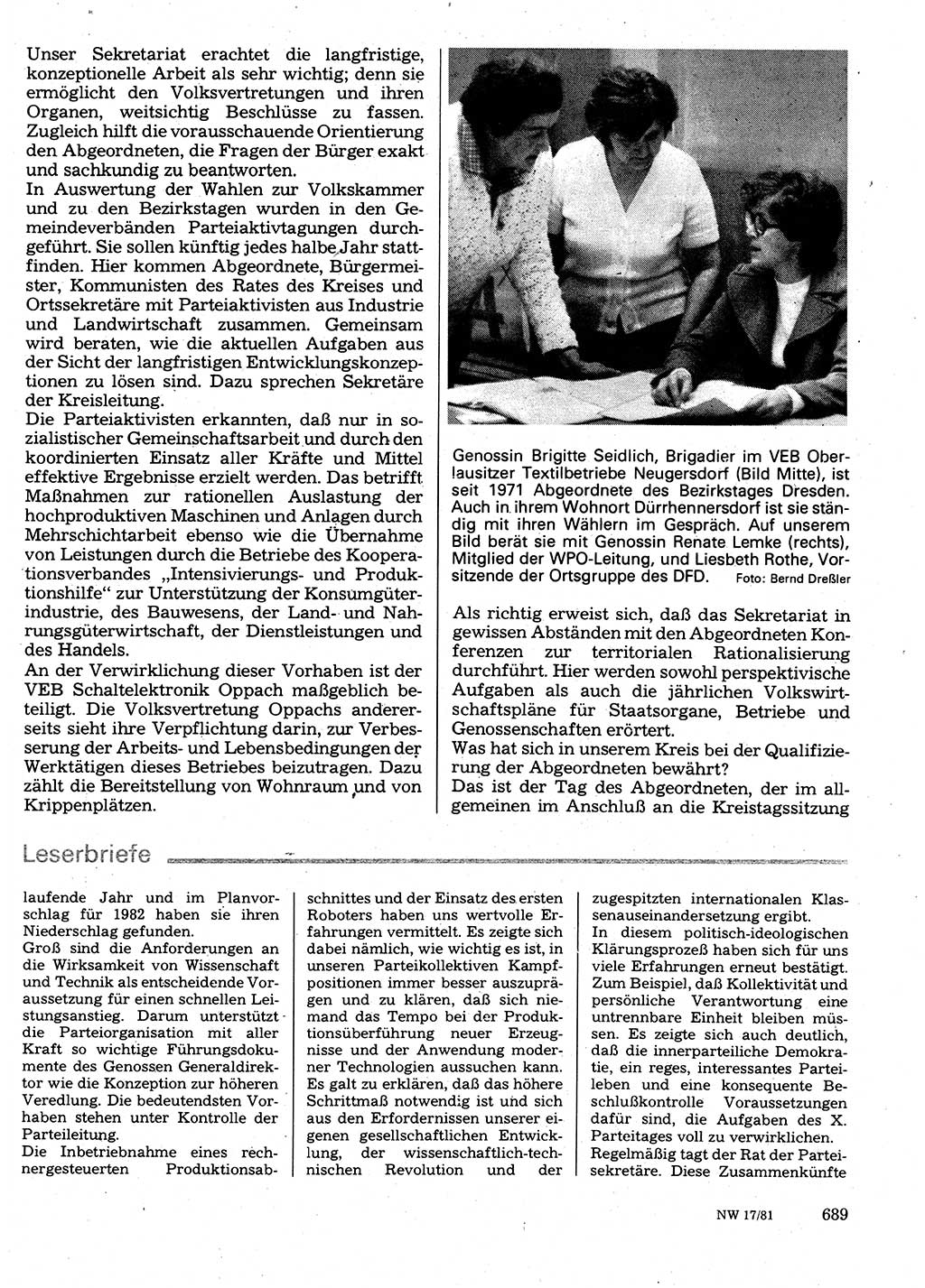 Neuer Weg (NW), Organ des Zentralkomitees (ZK) der SED (Sozialistische Einheitspartei Deutschlands) für Fragen des Parteilebens, 36. Jahrgang [Deutsche Demokratische Republik (DDR)] 1981, Seite 689 (NW ZK SED DDR 1981, S. 689)