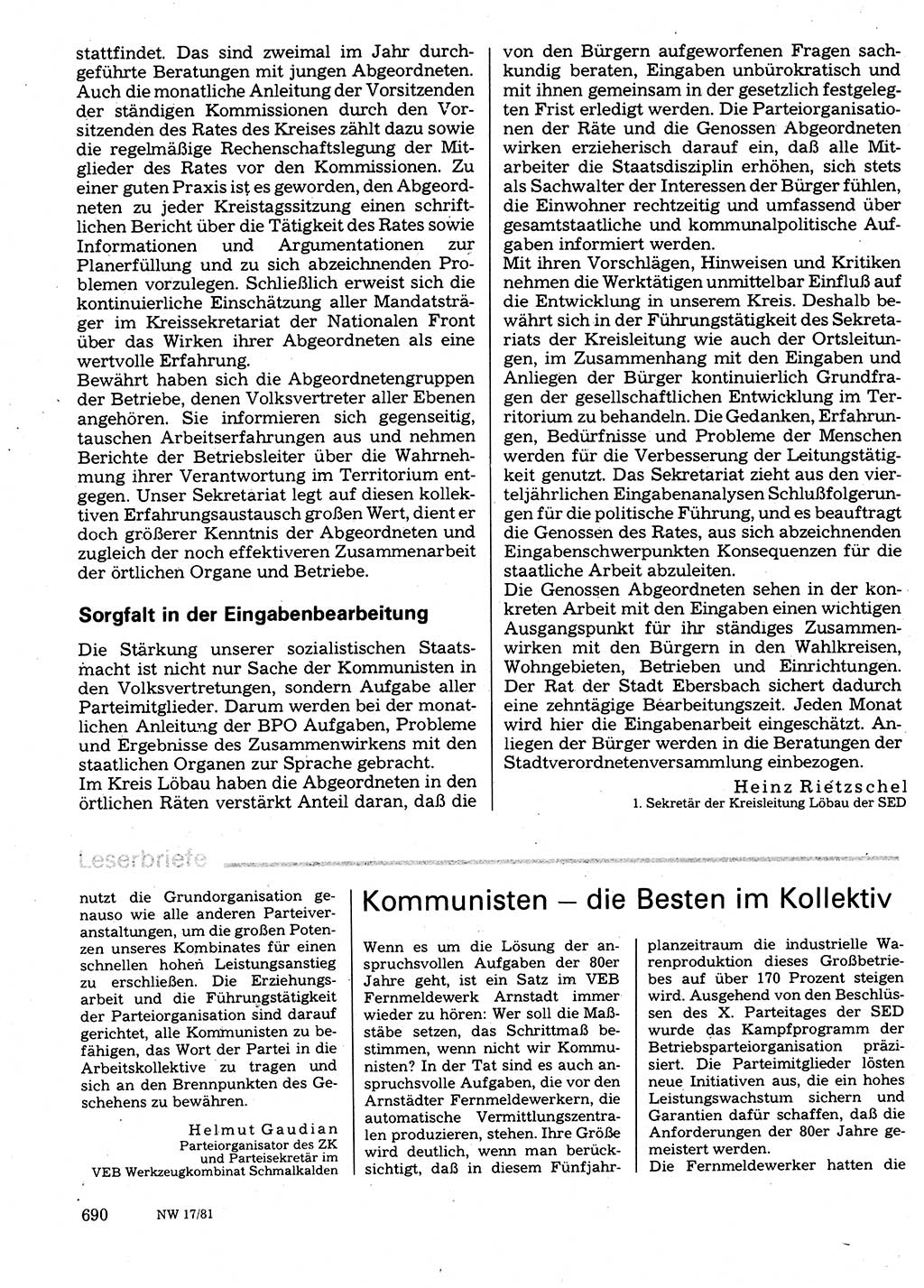 Neuer Weg (NW), Organ des Zentralkomitees (ZK) der SED (Sozialistische Einheitspartei Deutschlands) für Fragen des Parteilebens, 36. Jahrgang [Deutsche Demokratische Republik (DDR)] 1981, Seite 690 (NW ZK SED DDR 1981, S. 690)