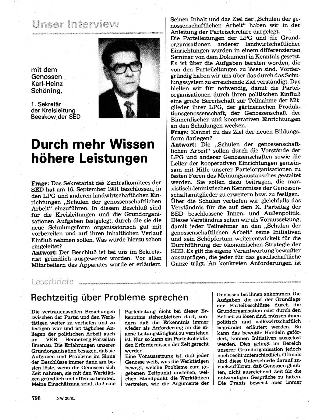 Neuer Weg (NW), Organ des Zentralkomitees (ZK) der SED (Sozialistische Einheitspartei Deutschlands) für Fragen des Parteilebens, 36. Jahrgang [Deutsche Demokratische Republik (DDR)] 1981, Seite 798 (NW ZK SED DDR 1981, S. 798)