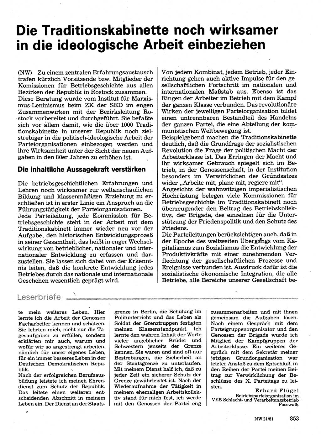 Neuer Weg (NW), Organ des Zentralkomitees (ZK) der SED (Sozialistische Einheitspartei Deutschlands) für Fragen des Parteilebens, 36. Jahrgang [Deutsche Demokratische Republik (DDR)] 1981, Seite 853 (NW ZK SED DDR 1981, S. 853)