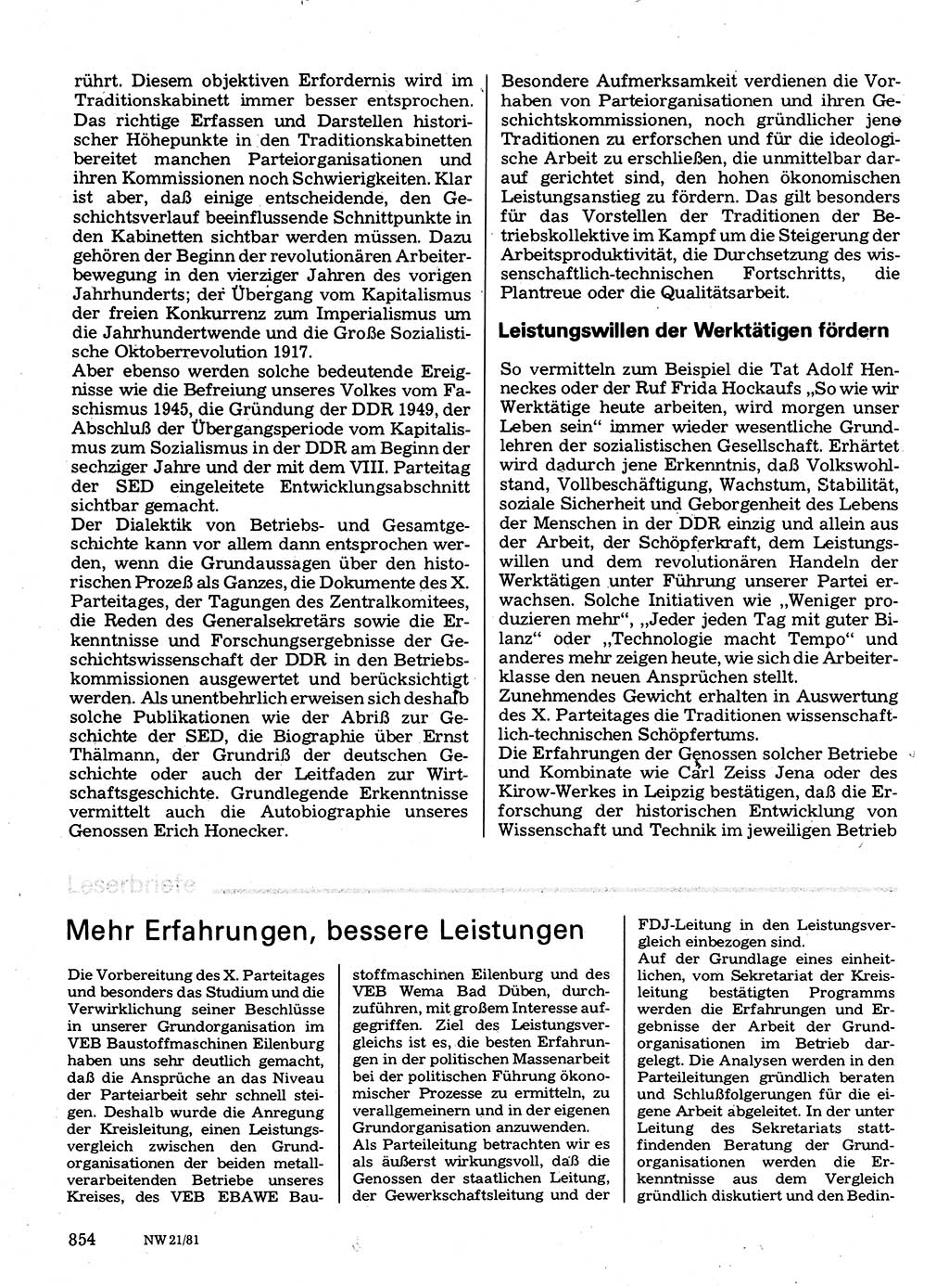 Neuer Weg (NW), Organ des Zentralkomitees (ZK) der SED (Sozialistische Einheitspartei Deutschlands) für Fragen des Parteilebens, 36. Jahrgang [Deutsche Demokratische Republik (DDR)] 1981, Seite 854 (NW ZK SED DDR 1981, S. 854)