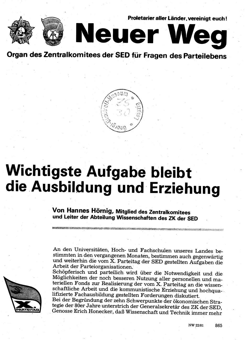 Neuer Weg (NW), Organ des Zentralkomitees (ZK) der SED (Sozialistische Einheitspartei Deutschlands) für Fragen des Parteilebens, 36. Jahrgang [Deutsche Demokratische Republik (DDR)] 1981, Seite 865 (NW ZK SED DDR 1981, S. 865)