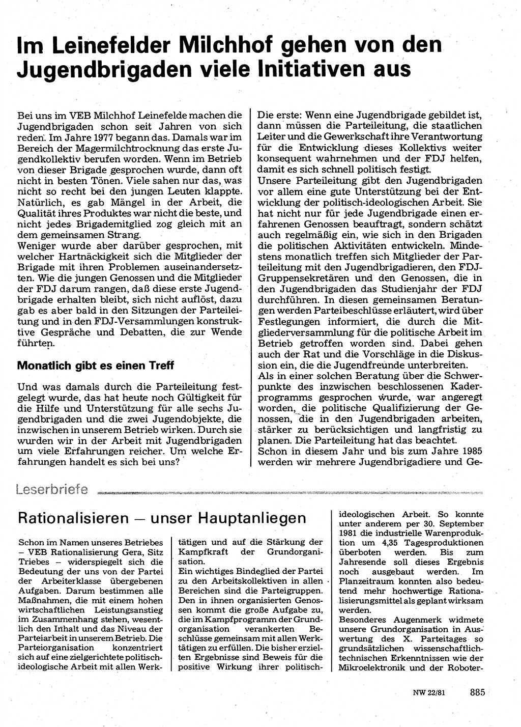Neuer Weg (NW), Organ des Zentralkomitees (ZK) der SED (Sozialistische Einheitspartei Deutschlands) für Fragen des Parteilebens, 36. Jahrgang [Deutsche Demokratische Republik (DDR)] 1981, Seite 885 (NW ZK SED DDR 1981, S. 885)