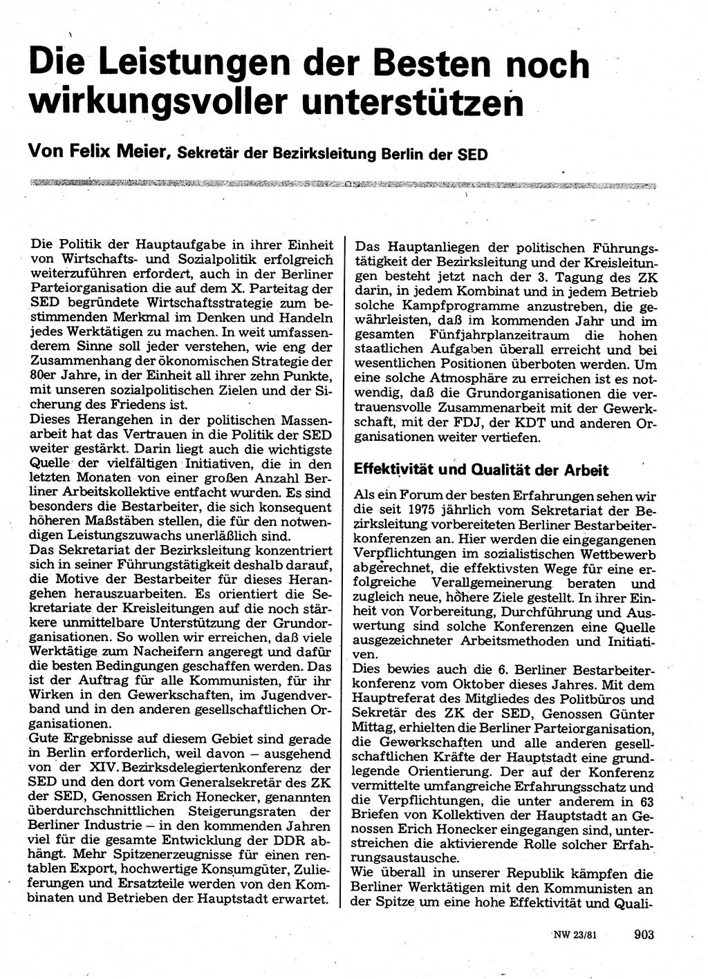 Neuer Weg (NW), Organ des Zentralkomitees (ZK) der SED (Sozialistische Einheitspartei Deutschlands) für Fragen des Parteilebens, 36. Jahrgang [Deutsche Demokratische Republik (DDR)] 1981, Seite 903 (NW ZK SED DDR 1981, S. 903)
