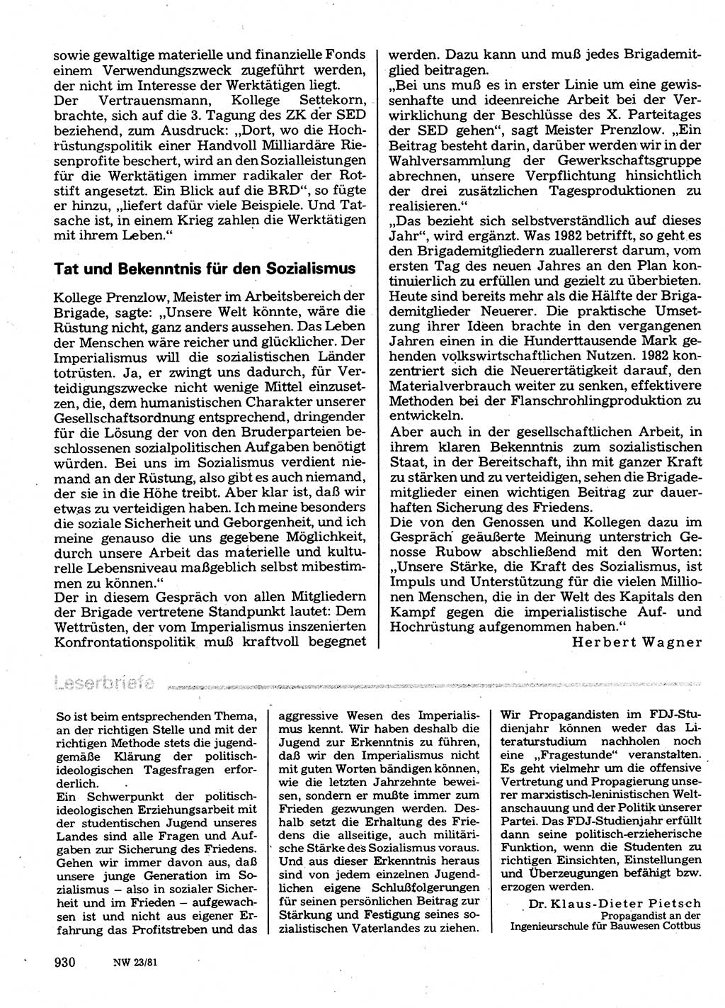 Neuer Weg (NW), Organ des Zentralkomitees (ZK) der SED (Sozialistische Einheitspartei Deutschlands) für Fragen des Parteilebens, 36. Jahrgang [Deutsche Demokratische Republik (DDR)] 1981, Seite 930 (NW ZK SED DDR 1981, S. 930)