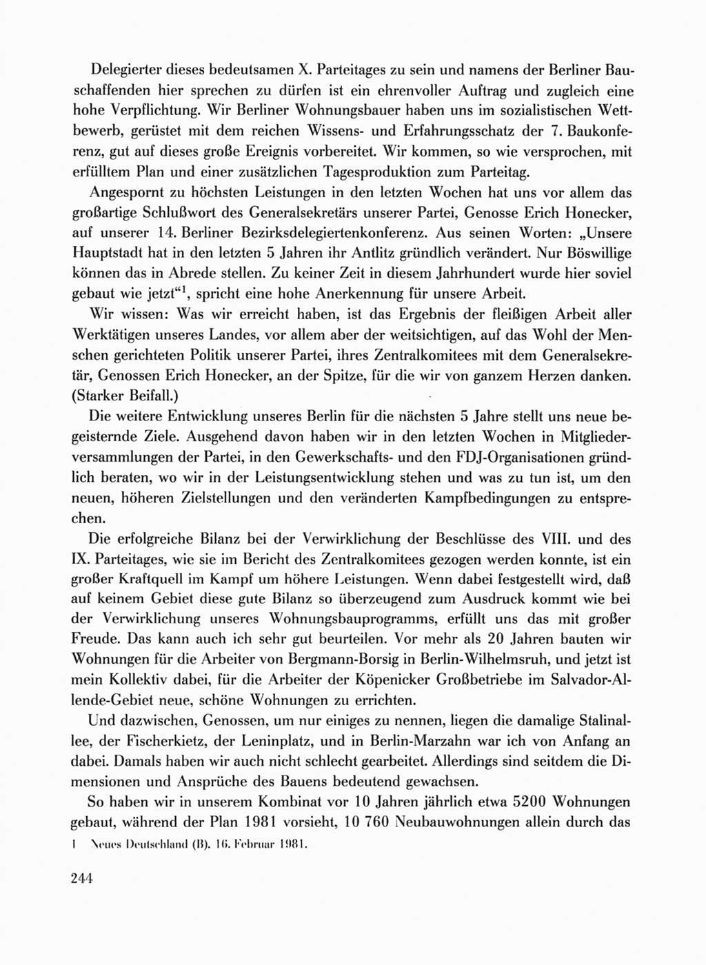 Protokoll der Verhandlungen des Ⅹ. Parteitages der Sozialistischen Einheitspartei Deutschlands (SED) [Deutsche Demokratische Republik (DDR)] 1981, Band 1, Seite 244 (Prot. Verh. Ⅹ. PT SED DDR 1981, Bd. 1, S. 244)