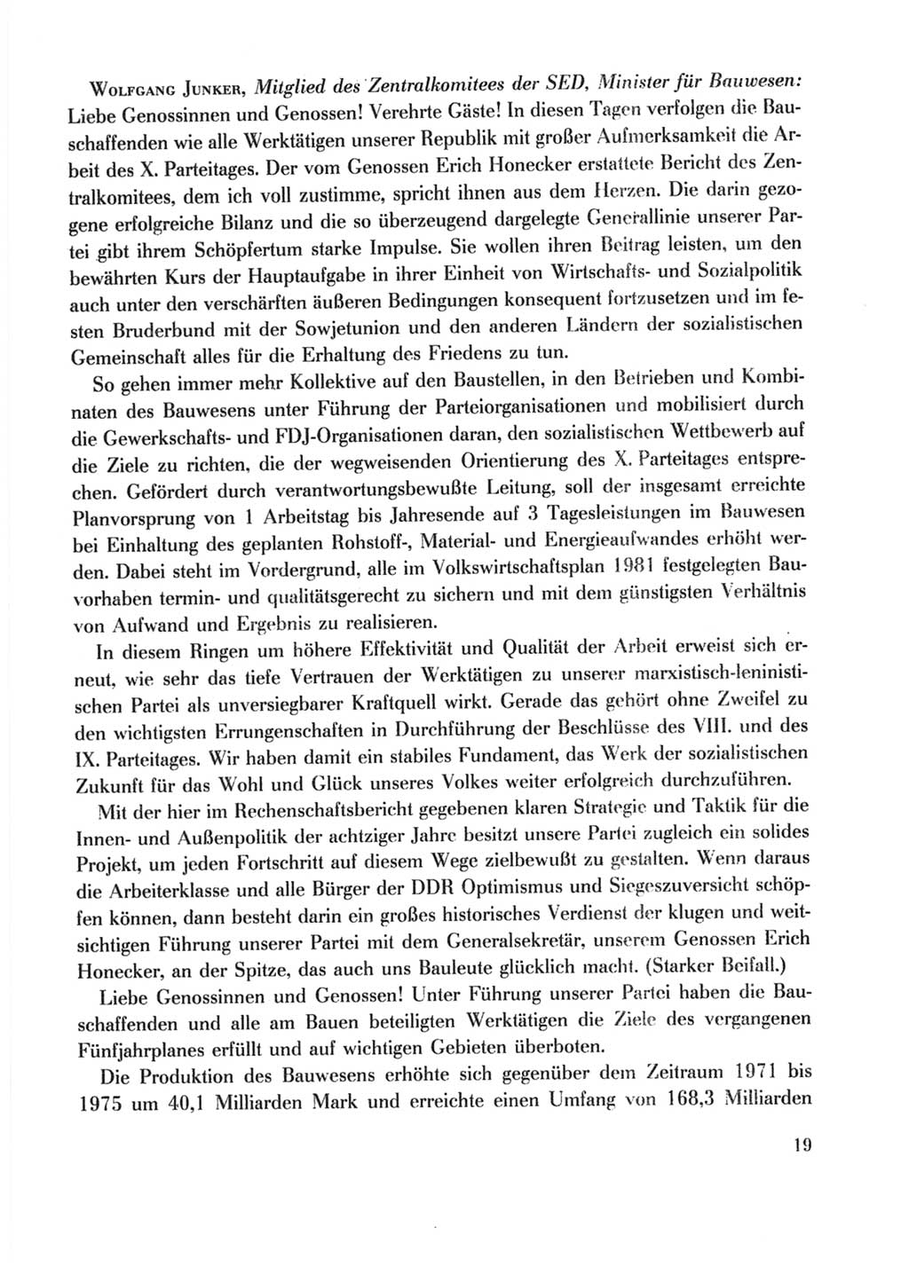 Protokoll der Verhandlungen des Ⅹ. Parteitages der Sozialistischen Einheitspartei Deutschlands (SED) [Deutsche Demokratische Republik (DDR)] 1981, Band 2, Seite 19 (Prot. Verh. Ⅹ. PT SED DDR 1981, Bd. 2, S. 19)