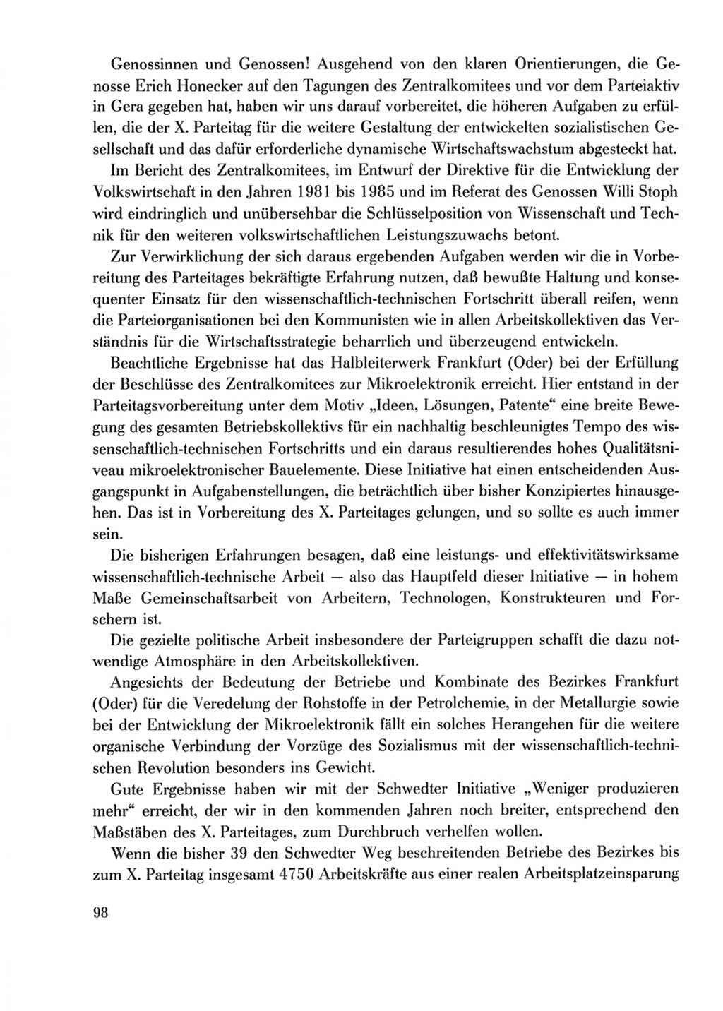 Protokoll der Verhandlungen des Ⅹ. Parteitages der Sozialistischen Einheitspartei Deutschlands (SED) [Deutsche Demokratische Republik (DDR)] 1981, Band 2, Seite 98 (Prot. Verh. Ⅹ. PT SED DDR 1981, Bd. 2, S. 98)