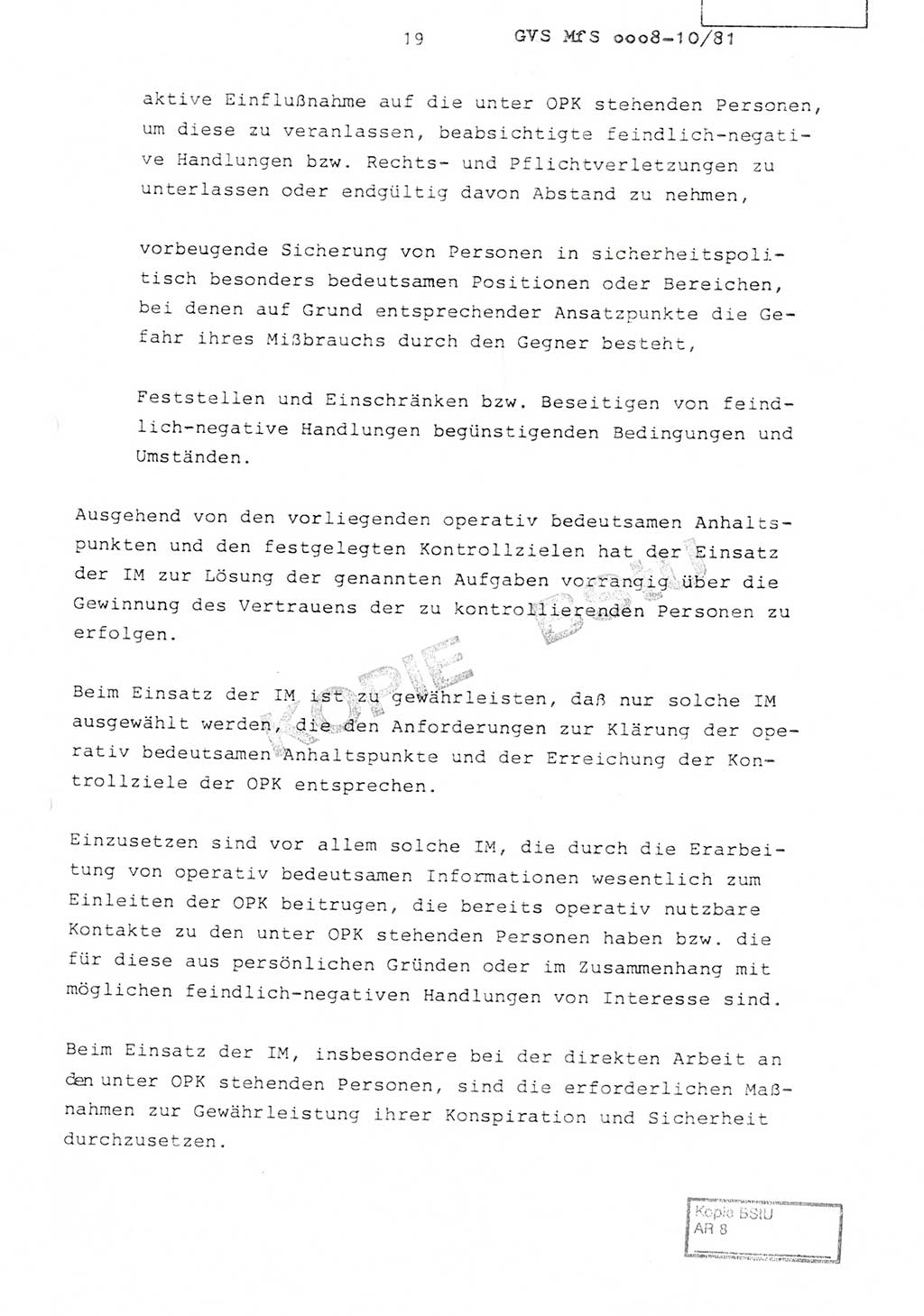 Richtlinie Nr. 1/81 über die operative Personenkontrolle (OPK), Ministerium für Staatssicherheit (MfS) [Deutsche Demokratische Republik (DDR)], Der Minister, Geheime Verschlußsache (GVS) ooo8-10/81, Berlin 1981, Blatt 19 (RL 1/81 OPK DDR MfS Min. GVS ooo8-10/81 1981, Bl. 19)