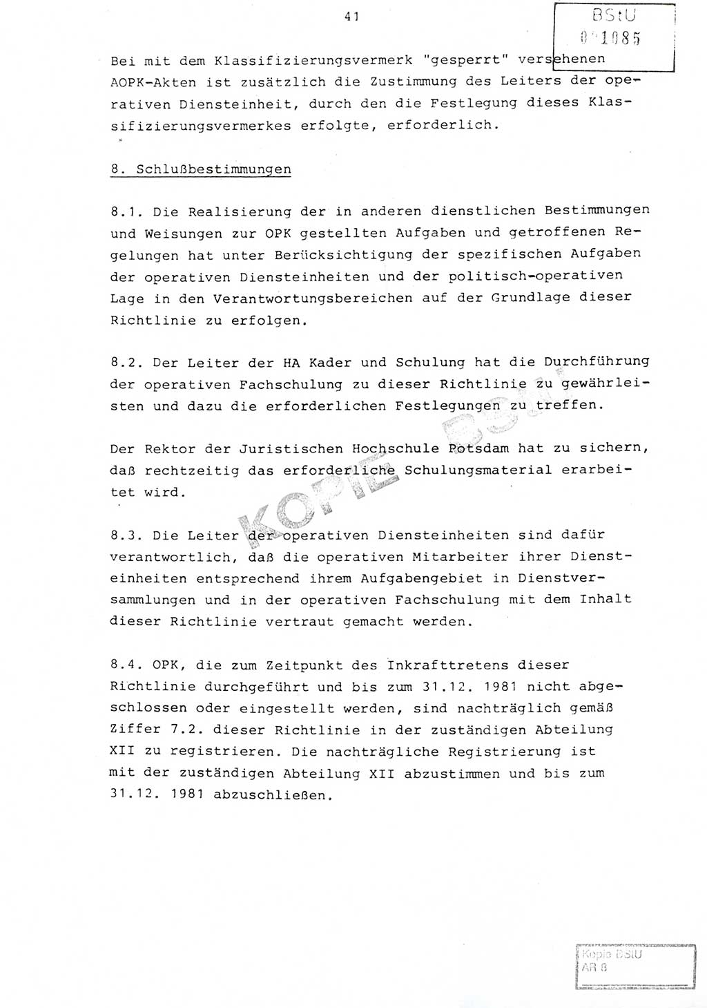 Richtlinie Nr. 1/81 über die operative Personenkontrolle (OPK), Ministerium für Staatssicherheit (MfS) [Deutsche Demokratische Republik (DDR)], Der Minister, Geheime Verschlußsache (GVS) ooo8-10/81, Berlin 1981, Blatt 41 (RL 1/81 OPK DDR MfS Min. GVS ooo8-10/81 1981, Bl. 41)