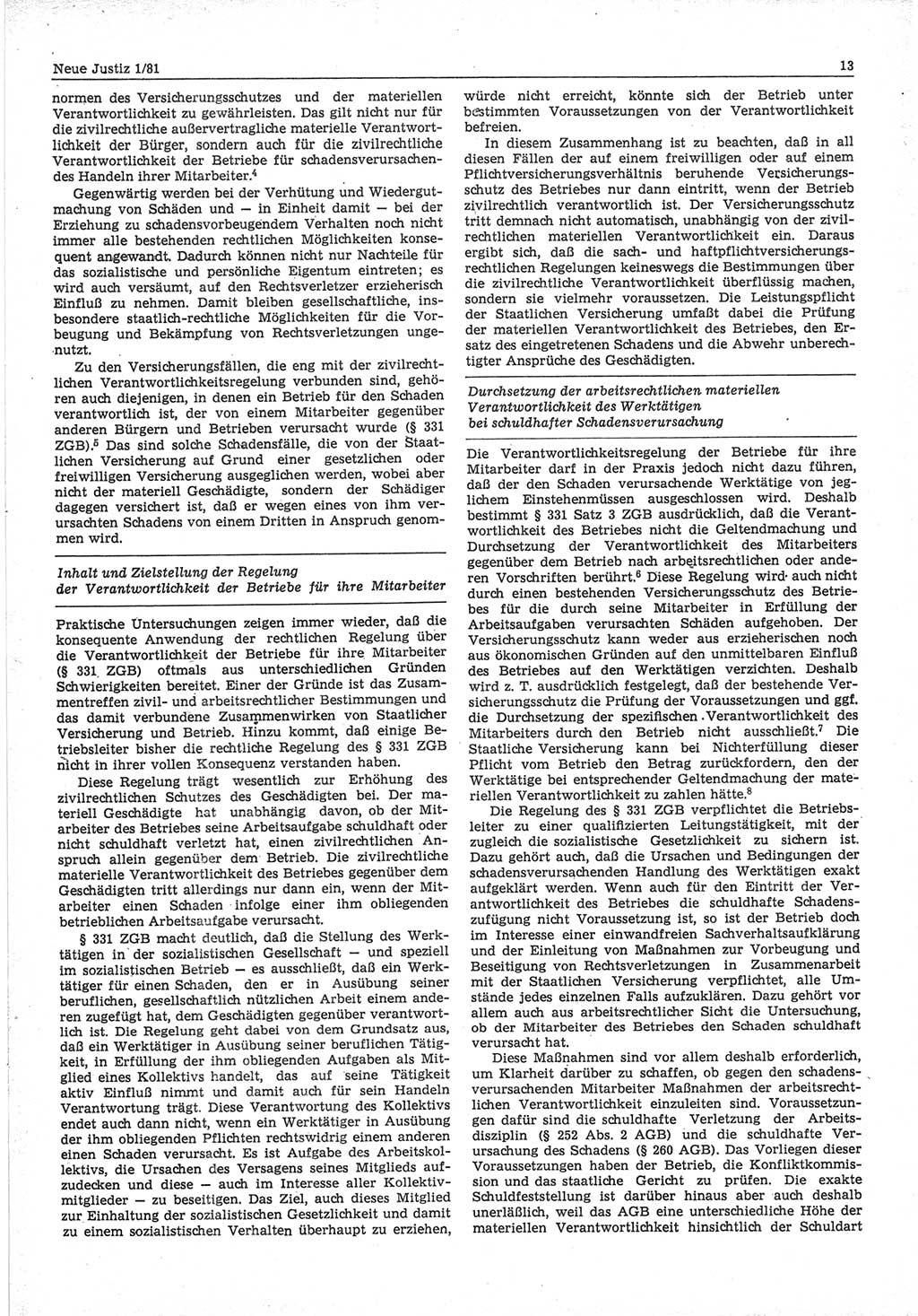 Neue Justiz (NJ), Zeitschrift für sozialistisches Recht und Gesetzlichkeit [Deutsche Demokratische Republik (DDR)], 35. Jahrgang 1981, Seite 13 (NJ DDR 1981, S. 13)