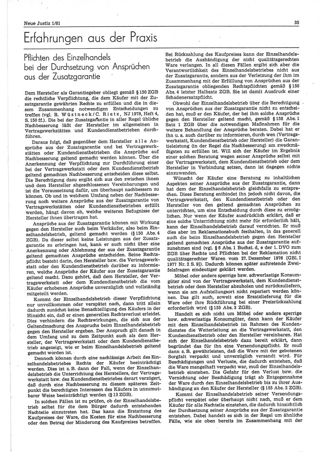 Neue Justiz (NJ), Zeitschrift für sozialistisches Recht und Gesetzlichkeit [Deutsche Demokratische Republik (DDR)], 35. Jahrgang 1981, Seite 35 (NJ DDR 1981, S. 35)