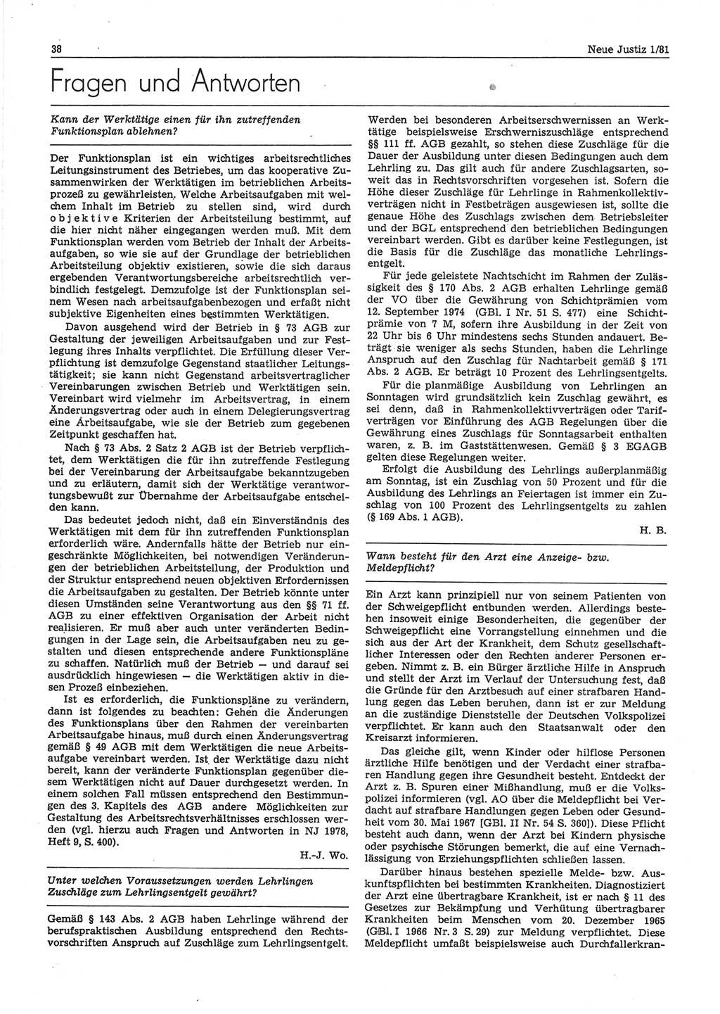 Neue Justiz (NJ), Zeitschrift für sozialistisches Recht und Gesetzlichkeit [Deutsche Demokratische Republik (DDR)], 35. Jahrgang 1981, Seite 38 (NJ DDR 1981, S. 38)