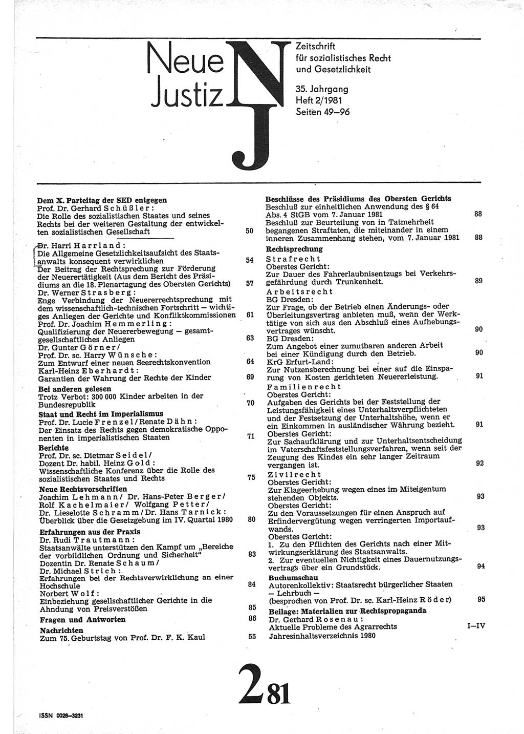 Neue Justiz (NJ), Zeitschrift für sozialistisches Recht und Gesetzlichkeit [Deutsche Demokratische Republik (DDR)], 35. Jahrgang 1981, Seite 49 (NJ DDR 1981, S. 49)